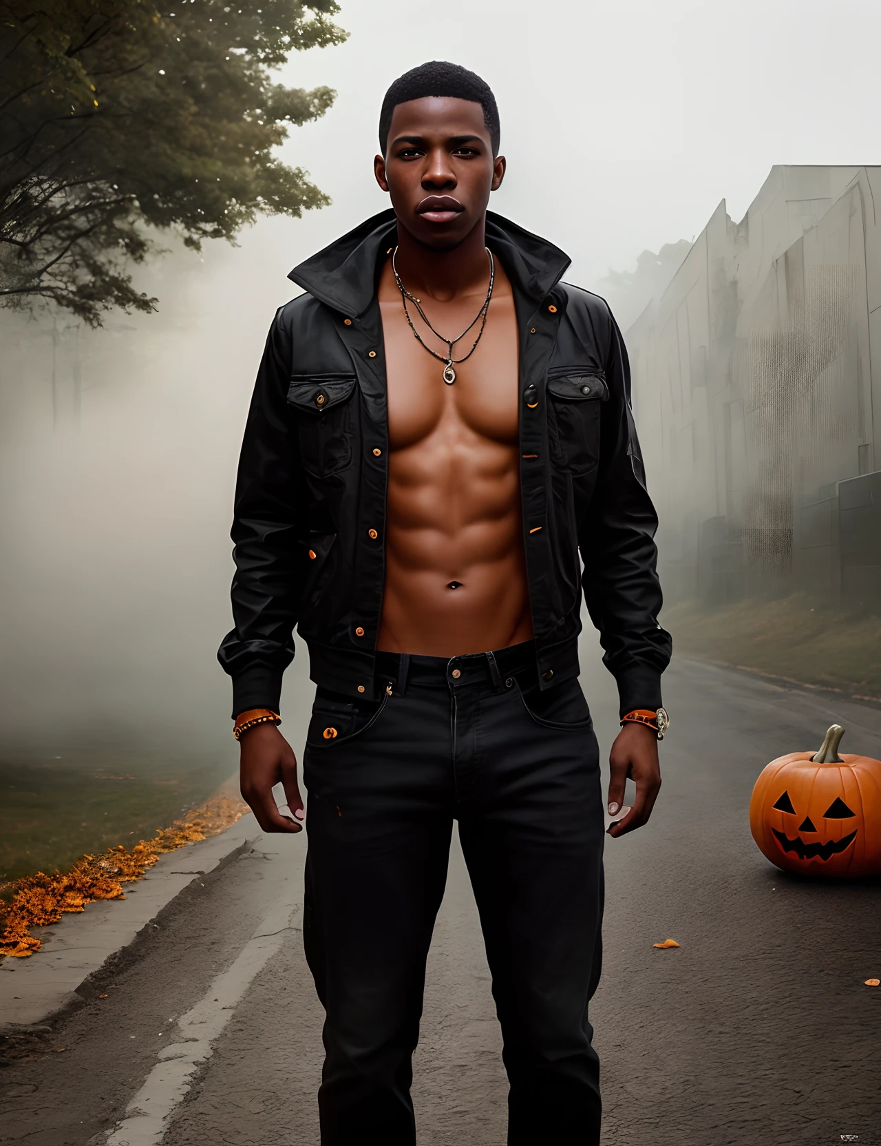 An award winning photography portrait of a halloween black male, blood hair, web, surreal decorated skin, masculine, pumpkins in the background, castle, full body in motion, defined body, full body, stunning realistic, mist, raw photograph, defined body,maximalism, octane render, unreal, 8k, depth of field, bokeh, black ink, 8k, hyperreal, 50mm, kodak portra 400, photograph by Martin Schoeller, Natural Light, natural skin, real skin texture