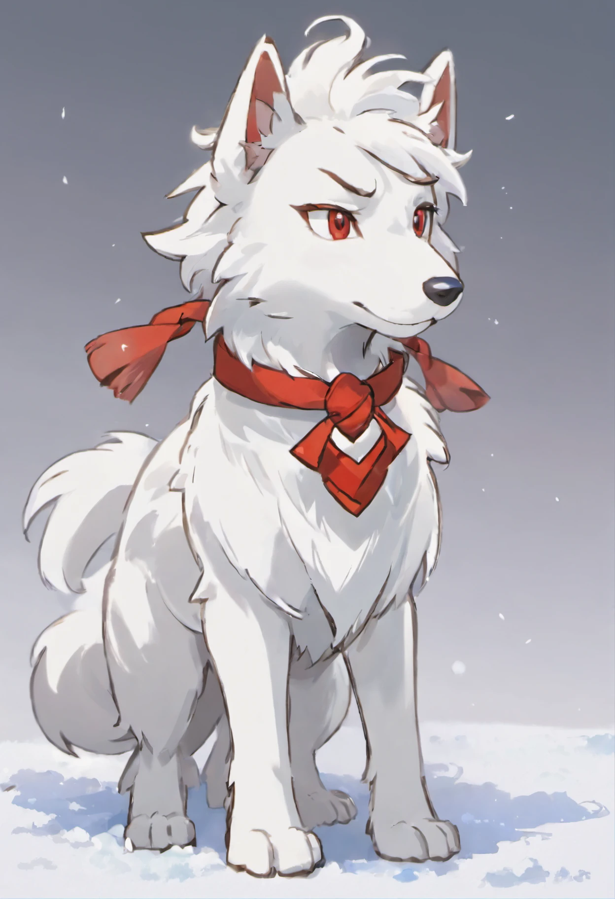 White Wolfhound,(A red wish-granting knot was tied around his neck:1.3),Full of wild gestures,(Towering snow-white hair),Red eyes,A holy beast that makes people feel holy,The body is slender,Furry animals,Small beasts,Juvenile furry
