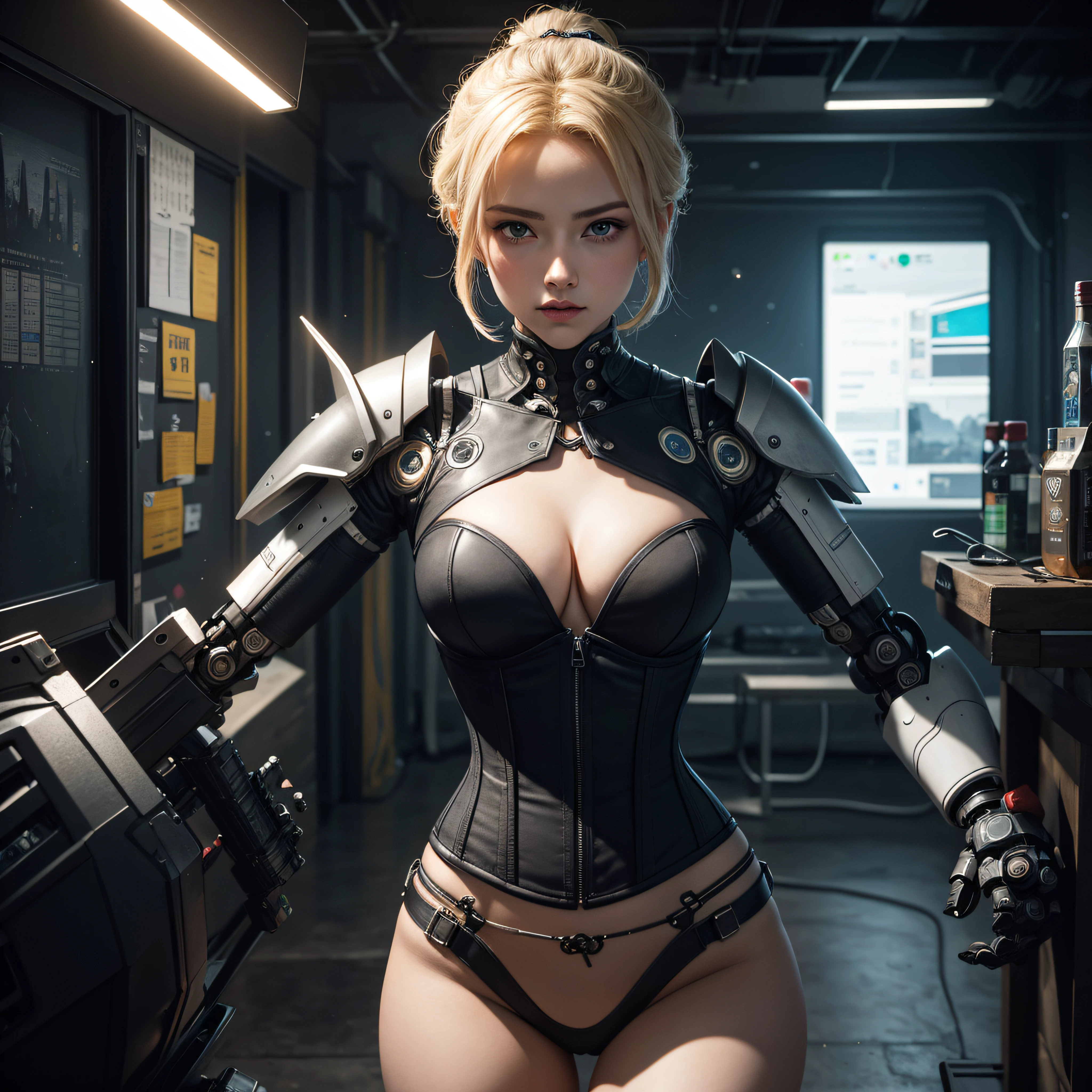 ((calidad superior)), ((obra maestra)), ((realista)), (Los detalles), (fotorrealista:1.5), puppet, marioneta de nadera humanoides tendidos en un piso de concreto, Science-Fiction, HDR, Trazado de rayos, NVIDIA RTX, Los ultra-Highres, Irreal 5, Sub-Surface Scatterring, PBR texturizado, Post-procesamiento, Anisotropic filtering, Profundidad de campos, maximum sharpness and sharpness, Regla de los tercios、8K RAW、(Luminescent Particles:1.4)、(super-detailed CG、Unidad 8k Fondos de pantalla、lighting like a movie、destello de lente、foco nítido. Blonde girl with corset, Robotic Parts, Cannons, Armas, pistola, Arte cyberpunk、arquitectura cyberpunk