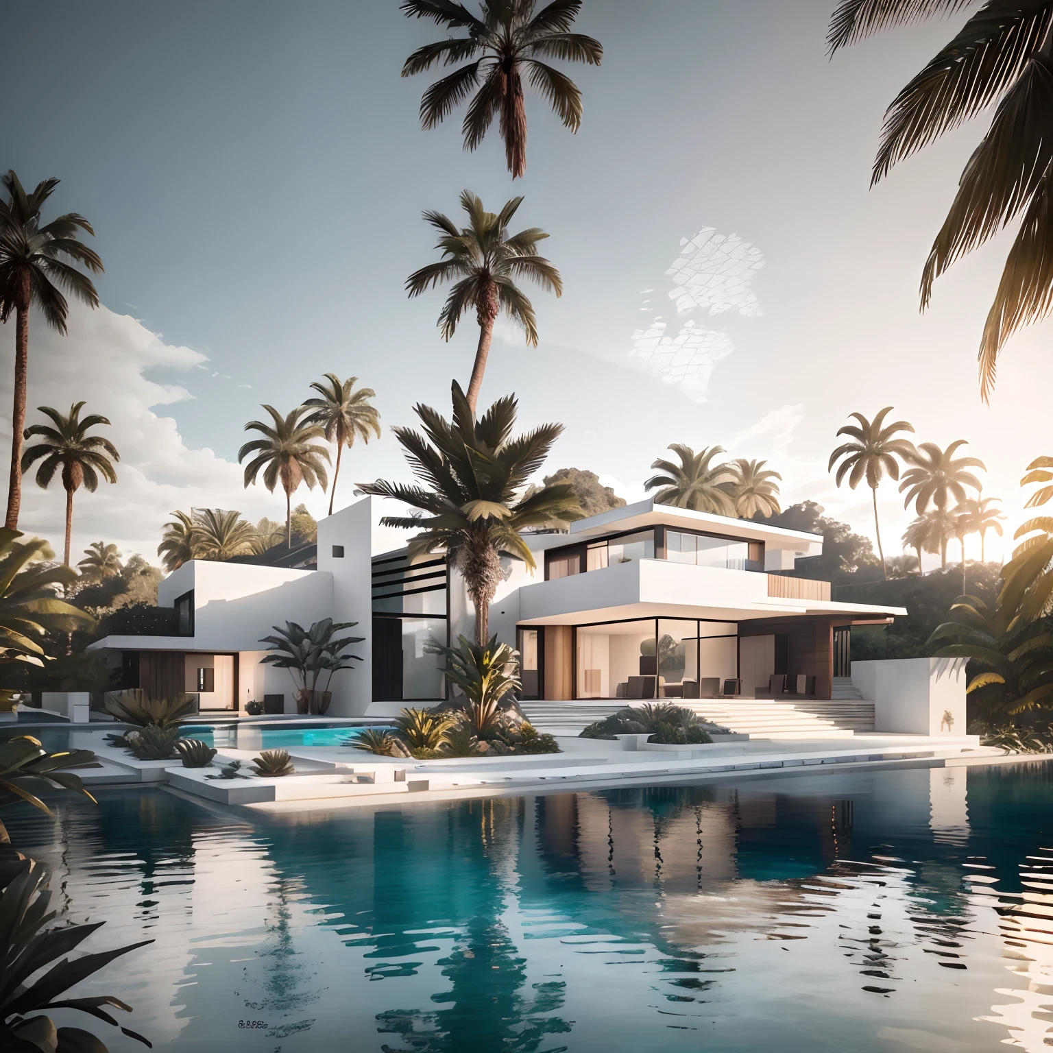 glass door,concrete, wood wall,white, modern villa, palm, plant, beautiful sky, wood facade, architecture, beautiful, masterpiece, best quality, super detailed, realistic, photorealistic, 8k, sharp focus