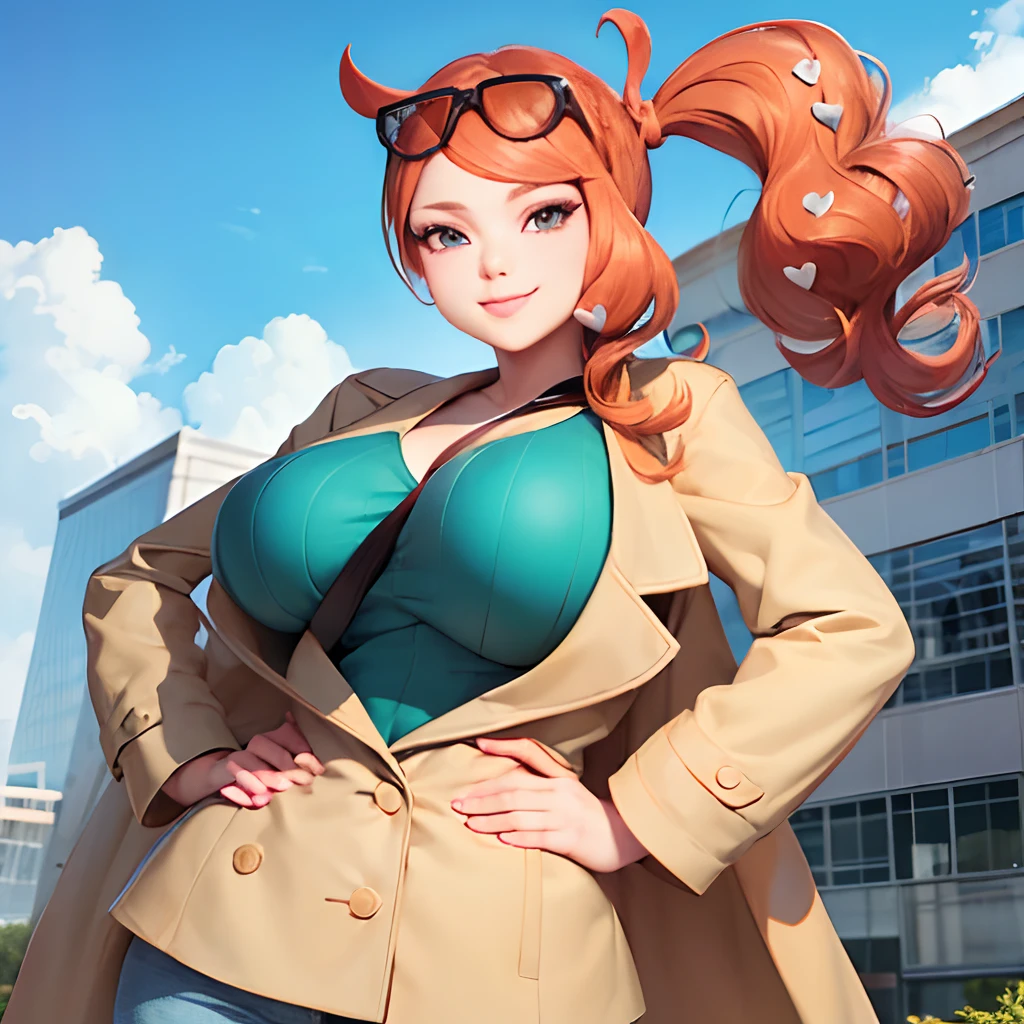 (masterpiece, best quality:1.2), solo, 1girl, sonia, smile, looking at viewer, hand on hip, side ponytail, heart hair ornament, eyewear on head, tan trench coat, pants, close up, huge boobs