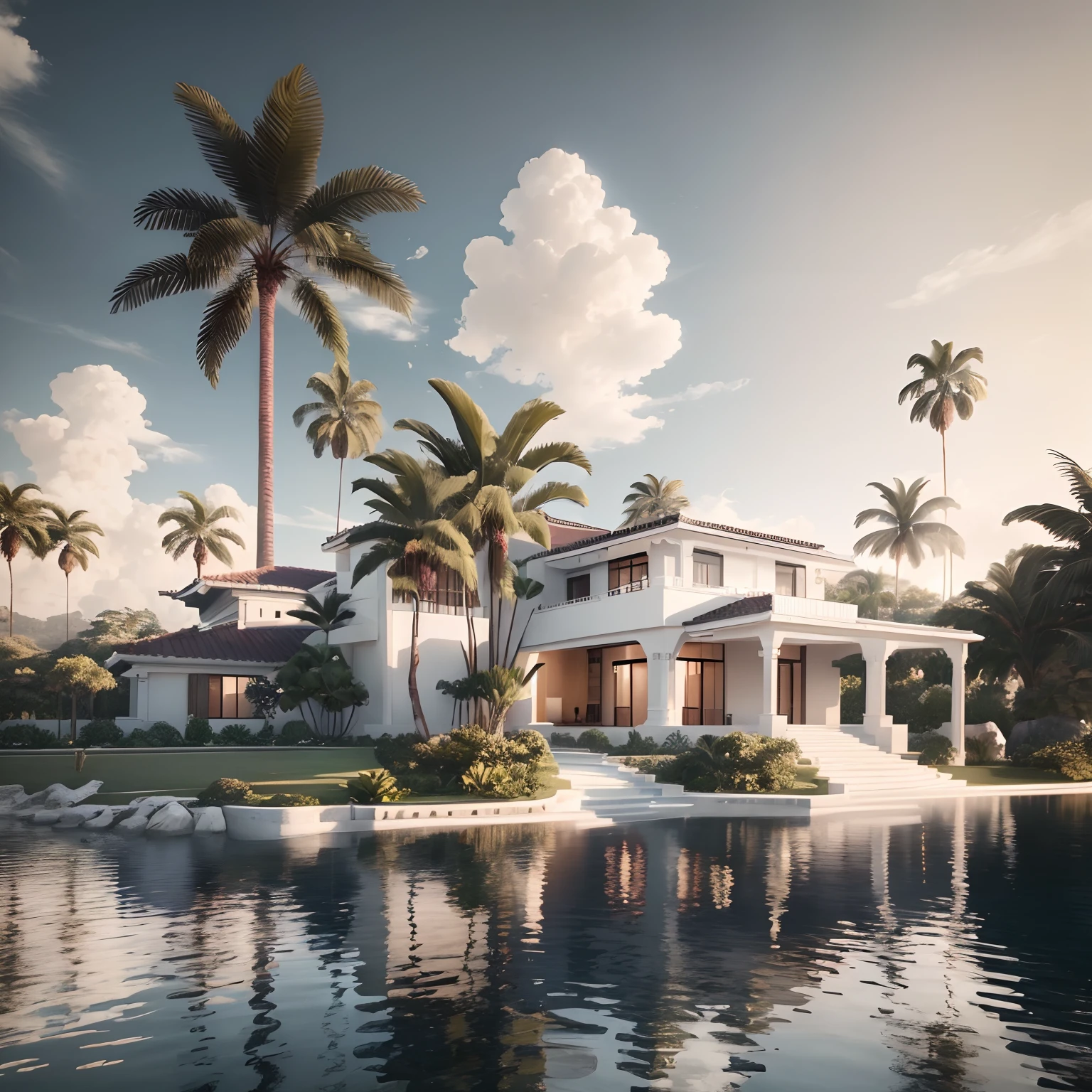 white, mordern villa, palm, plant, beautiful sky, wood facade, architecture, beautiful, masterpiece, best quality, super detailed, realistic, photorealistic, 8k, sharp focus