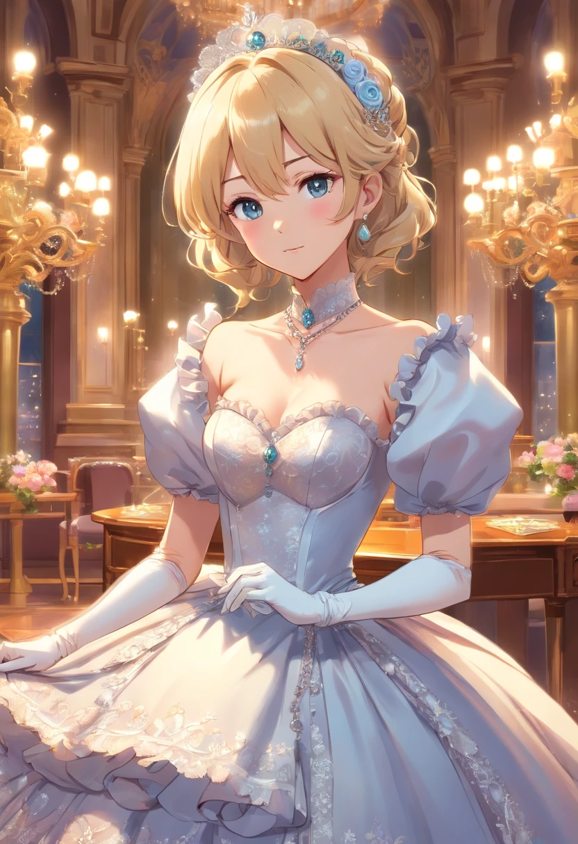 A stunningly beautiful blonde fairytale Princess shining with Royal Pomp and Regal Splendor, wearing a Stately and (((Elaborate))) Royal Cinderella Ballgown of Silver and White Brocade, with (((enormous puffed sleeves))) a stiffly boned, padded and corseted bodice, an hourglass waist, a (((huge crinoline hoopskirt))) and (((bustle))), adorned with ribbons, bows, roses, lace, ruffles, frills, embroidery, and jewels, elaborately curled and styled hair, long white gloves, pearl and diamond necklace and earrings