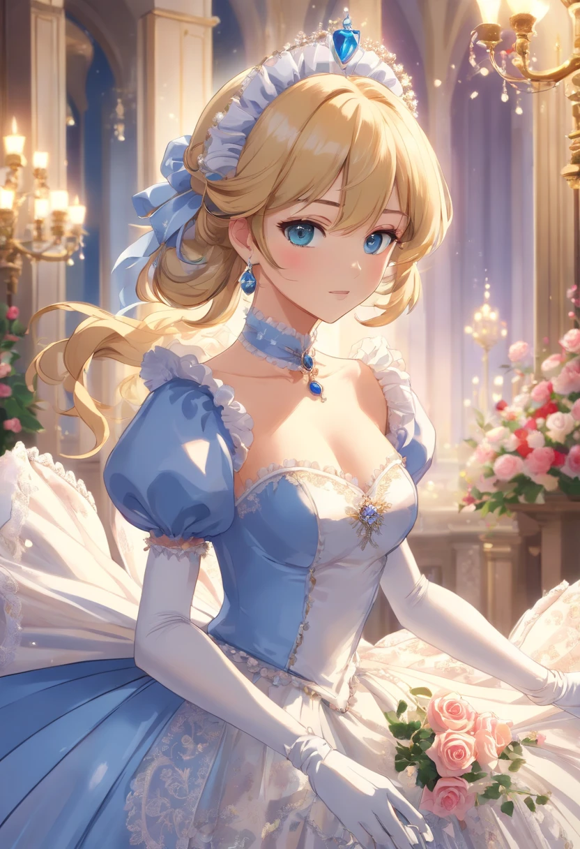 John Tenniel art, Formal and Official Coronation Portrait, Portrait of a stunningly beautiful young Blonde Reese Witherspoon wearing A Stately and Elaborate Royal Cinderella Court Gown with (((enormous puffed sleeves))) and an hourglass waist, adorned with bows, embroidery, and jewels, long white gloves, pearl necklace and earrings