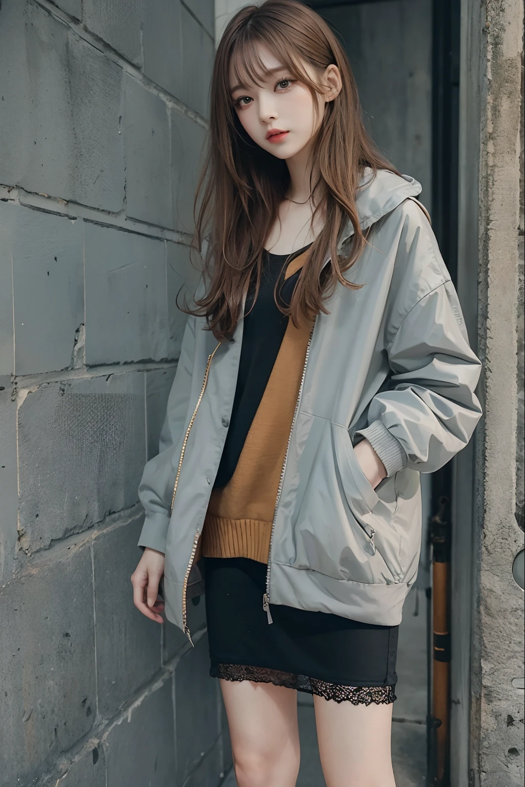 Top image quality、Raw photography、超A high resolution、An 18-year-old woman、Shooting for one person only、modelshoot、Autumn outfit、Fashionable clothes、Beautiful Eyes of Details、student clothes、very elongated eyes、Beautiful eyelashes、Beautiful double eyelids、very slender legs、Shorthair with light brown hair、very slender physique、Gray walls