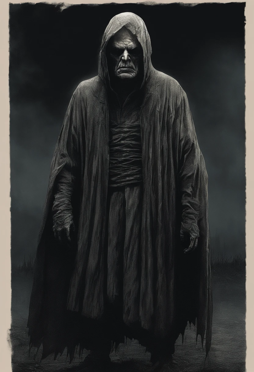 very old man, looks like a corpse, half of his face deformed, angry look, short gray hair, pale and wrinkled skin, yellowish pupils, hunched posture, waist up, penetrating and evil look, long black cloak, torn clothes, cloak of crow feathers on the back, left side of the body covered with bands and hood, fog, dark gas station, horror, fear, scary, suspense, mysterious
