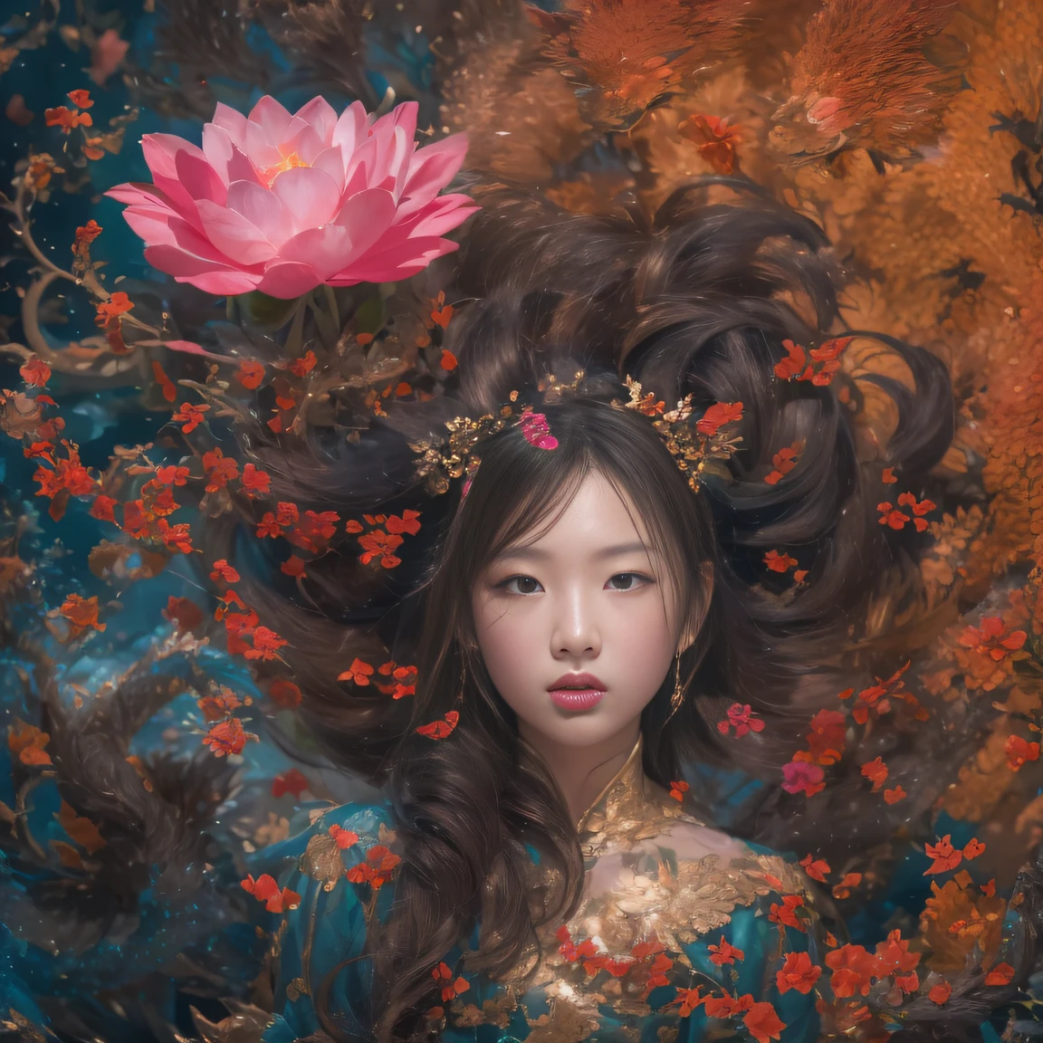 Full body 32K(tmasterpiece,k hd,hyper HD,32K)Large curls,(abstract ink splash:1.2)Flowing rouge,ponds,zydink, a color, Asian people (faeries), (Silk scarf), Combat posture, looking at the ground, Large rolls of rouge, Flowing rouge curls,Red onyx emerald emerald headdress, Chinese long-sleeved black gold garment, (abstract ink splash:1.2), Pink lotus background,Water lily flower protector(realisticlying:1.4),Rouge hair,Autumn is in full swing,The background is pure, A high resolution, the detail, RAW photogr, Sharp Re, Nikon D850 Film Stock Photo by Jefferies Lee 4 Kodak Portra 400 Camera F1.6 shots, Rich colors, ultra-realistic vivid textures, Dramatic lighting, Unreal Engine Art Station Trend, cinestir 800,Large curls,Flowing rouge