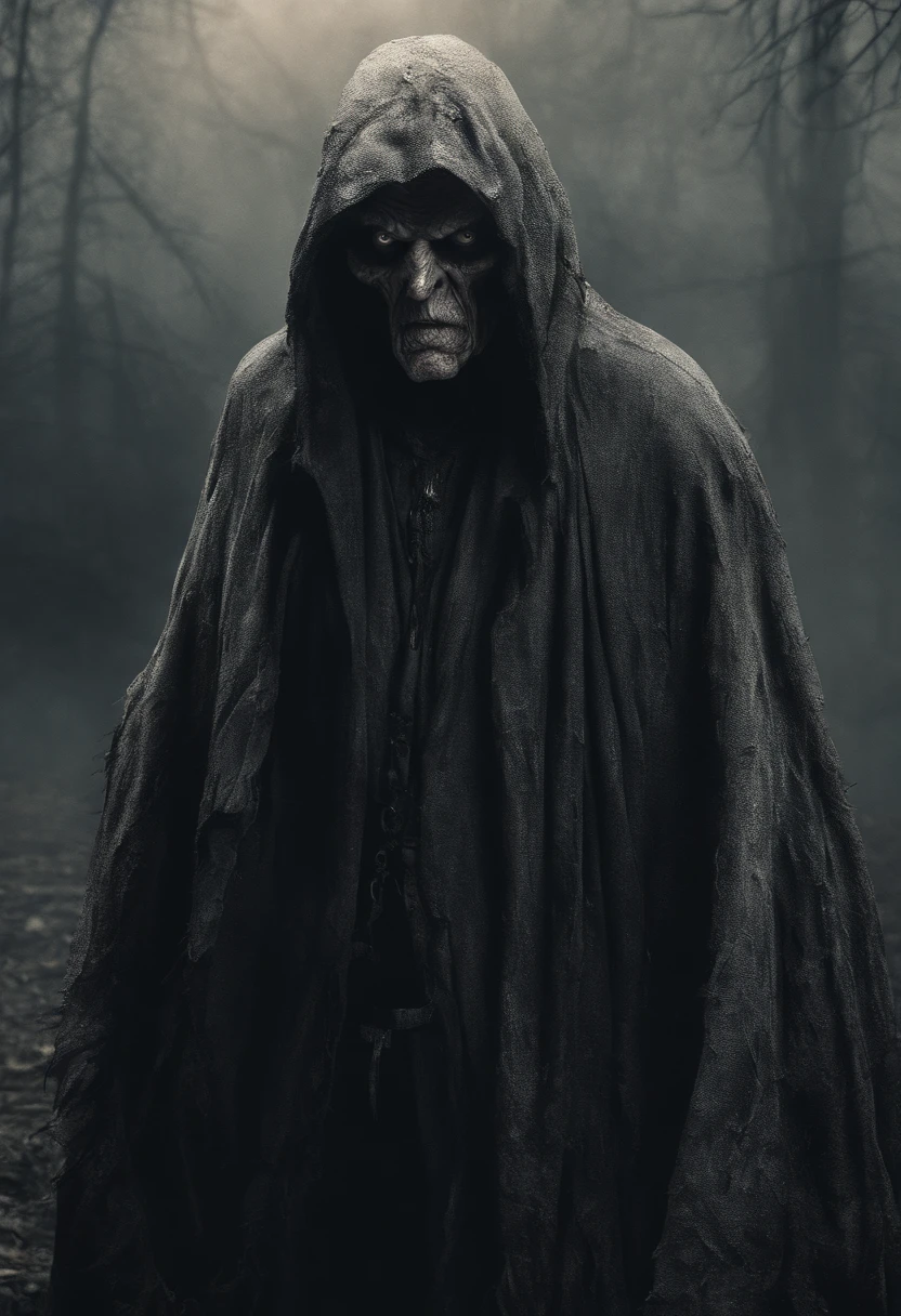 very old man, looks like a corpse, half of his face deformed, angry look, short gray hair, pale and wrinkled skin, yellowish pupils, hunched posture, waist up, penetrating and evil look, long black cloak, torn clothes, cloak of crow feathers on the back, left side of the body covered with bands and hood, fog, dark gas station, horror, fear, scary, suspense, mysterious
