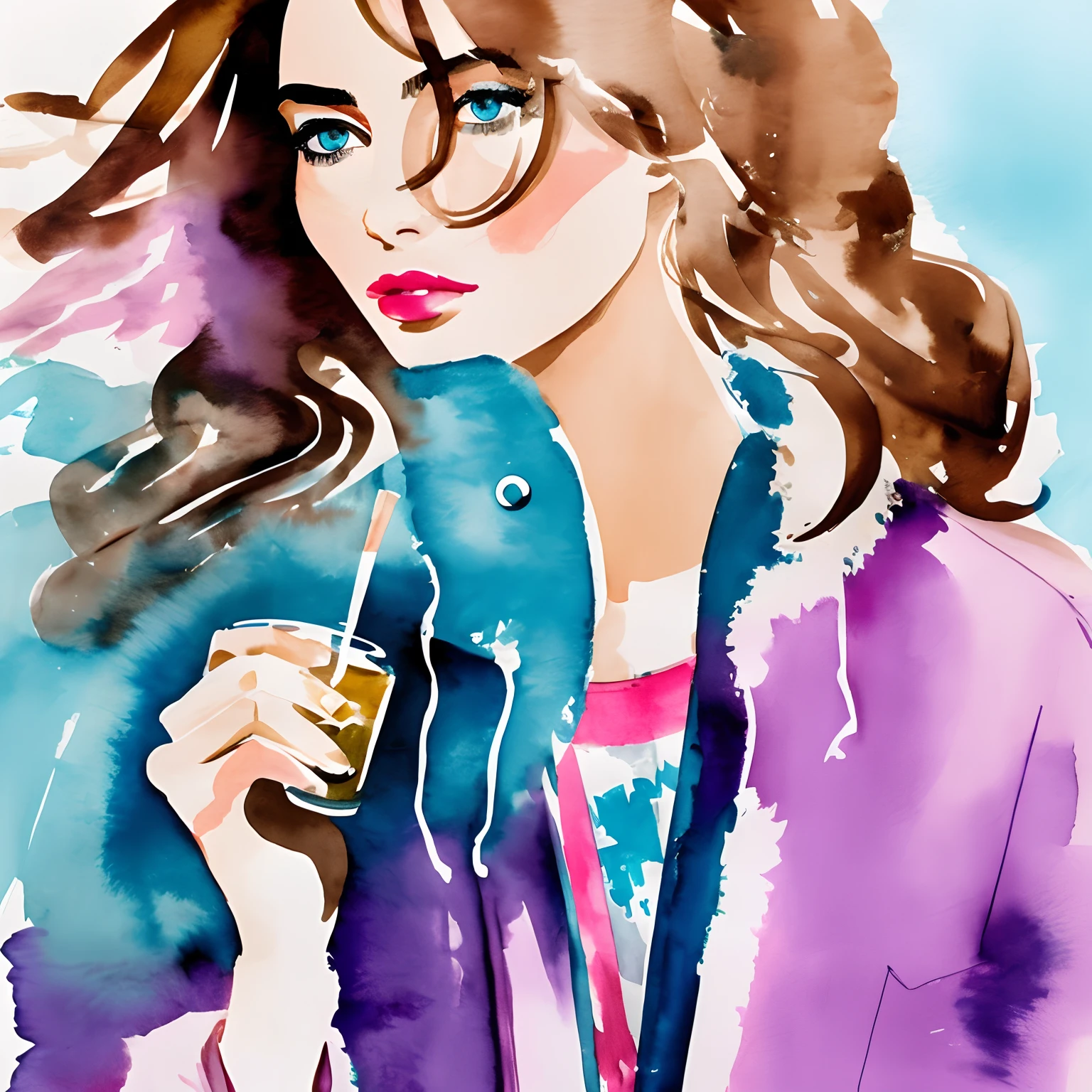 David Downton fashion illustration watercolor, light brown blonde thin bob hair 1woman, blue eyes, Andreea Diaconu, fluffy pink sweater, light blue trendy denim jacket, apple green tea, Paris street, lilac