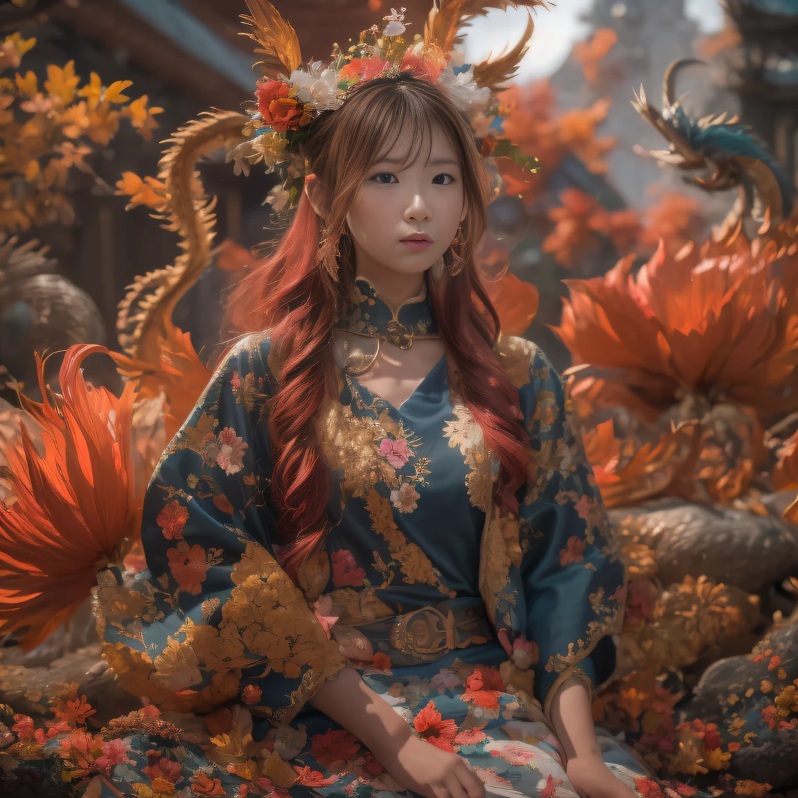 Full body 32K（tmasterpiece，k hd，hyper HD，32K） street, tee shirt, jeans overalls, 1980s, Retro, Long wavy brunette with ponytail, (Masterpiece), (Extremely detailed Cg Unity 8K wallpaper), Intricate, ((Photorealistic)),，（abstract ink splash：1.2）Flowing rouge，ponds，zydink， a color，  Asian people （faeries）， （Silk scarf）， Combat posture， looking at the ground， Large rolls of rouge， Flowing rouge curls，Red onyx emerald emerald headdress， Chinese long-sleeved black gold garment， （abstract ink splash：1.2）， Pink lotus background，Water lily flower protector（realisticlying：1.4），Rouge hair，Autumn is in full swing，The background is pure， A high resolution， the detail， RAW photogr， Sharp Re， Nikon D850 Film Stock Photo by Jefferies Lee 4 Kodak Portra 400 Camera F1.6 shots, Rich colors, ultra-realistic vivid textures, Dramatic lighting, Unreal Engine Art Station Trend, cinestir 800，Large curls，Flowing rouge