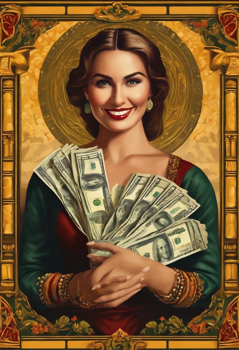 Por favor, Create an image that represents a satisfied and happy woman holding a large amount of money bills in her hands. The image should convey the feeling of contentment and prosperity due to the amount of money she is holding.