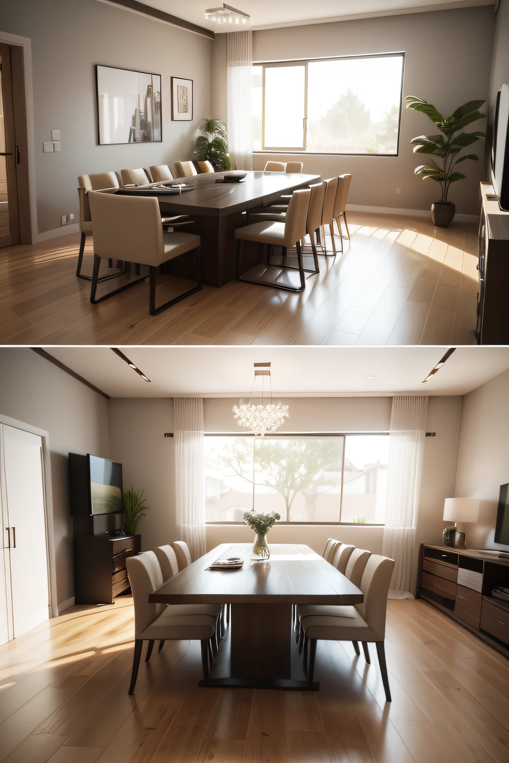 "Generate a 3D rendering of a 26m² room divided into two distinct areas, a living room and a dining area. Each area should have a window on one of its walls, both set at a 45-degree angle to create a contemporary and open feel. Pay attention to modern interior design principles, incorporating sleek furniture, neutral color palettes, and a harmonious blend of textures and materials. The living room should feature a comfortable seating arrangement, while the dining area should showcase an elegant dining table with chairs. Create a sense of cohesion and balance in the overall design, making sure the space feels inviting and functional."