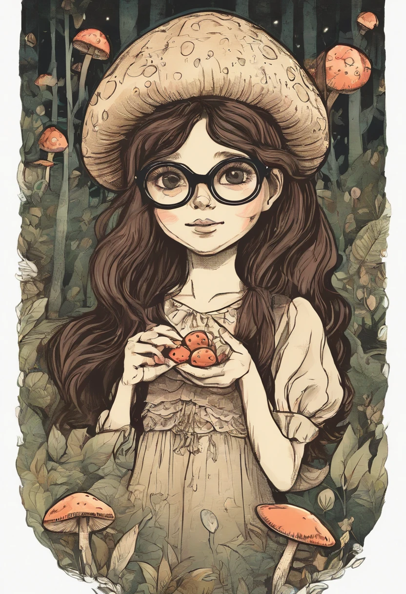 A little thin Baskir 12 year old girl with long dark hair and Large, almond-shaped, wide-set eyes with big glasses walking in a forest with a little cute mushroom, sticker style