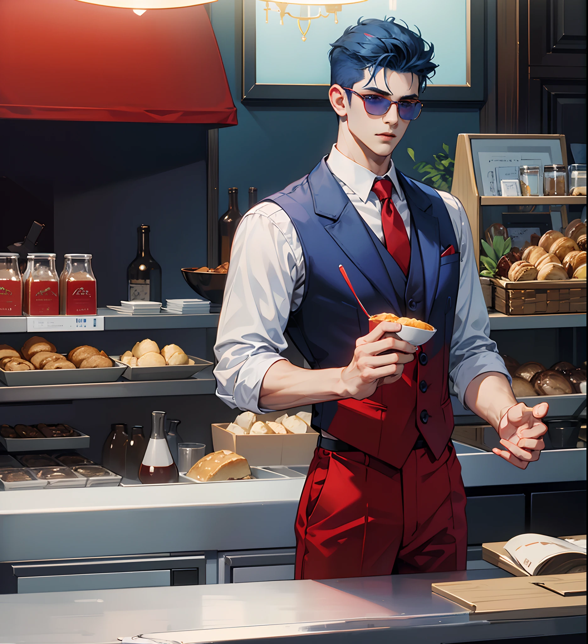 Handsome boy, fade haircut, blue hair, red cotton shirts, red vest, tie, loafer shoes, suit over shoulder pose, Cafe background, sunglasses, 8k ultra full HD