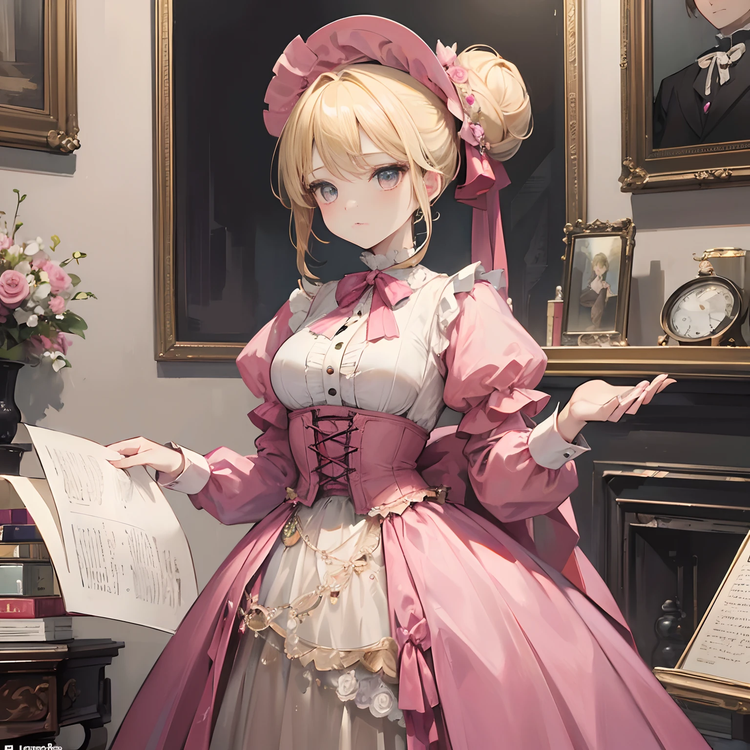(((masterpiece))) (((best quality))) a woman,wearing a victorian style pink ball gown,with gathers near the waist,blonde hair tied into a neat bun,wearing a victorian era style hat