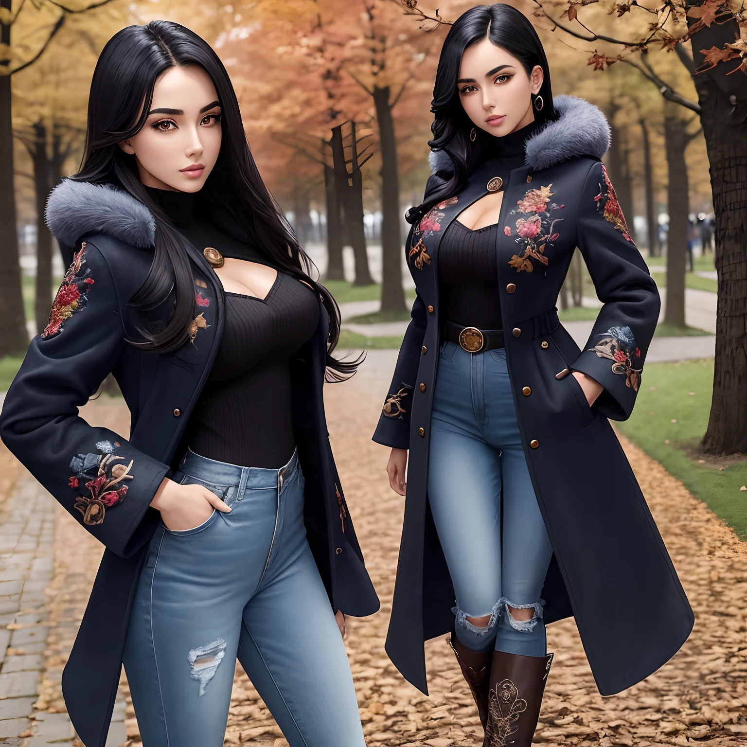 Model
Lyriel
A girl of European appearance (( 独奏)) with straight black hair , , with face and body, like Ana Cheri, dressed in a black Redingot coat below the knees and blue jeans , It stands in full growth against the backdrop of an autumn park , Her boots are visible , Very detailed embroidery on the coat and sleeves , Front light.