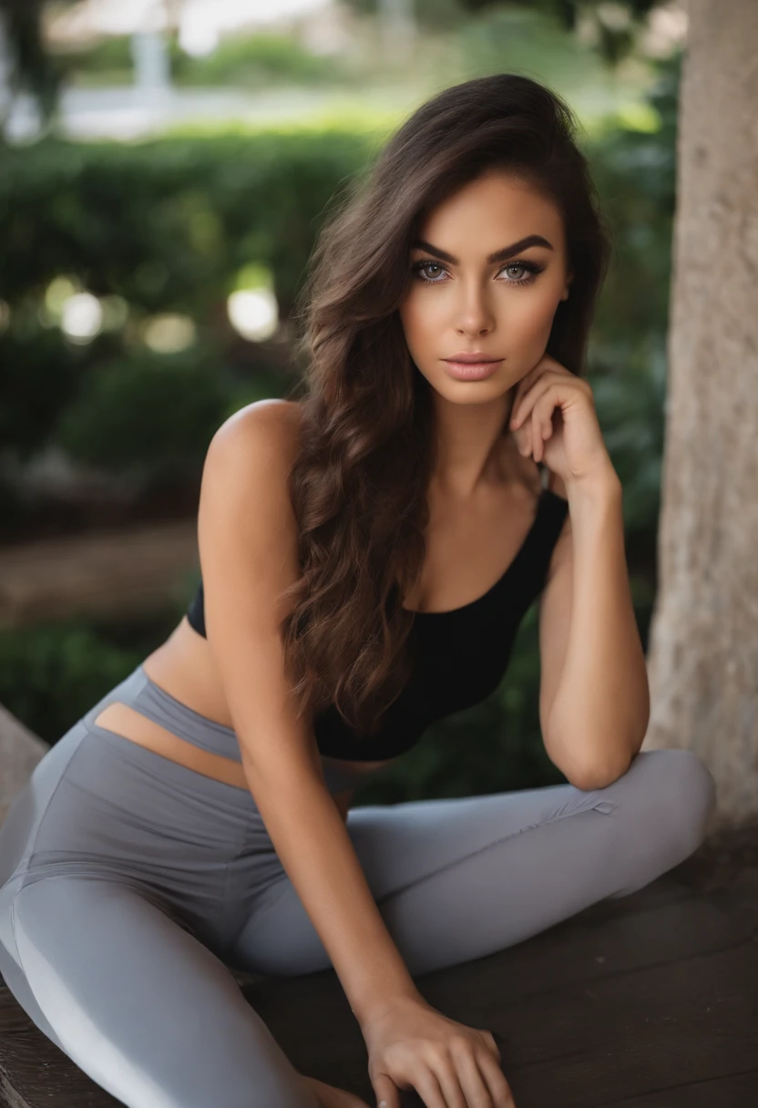 Arafed woman with tank top and matching leggings, fille sexy aux yeux bruns, Portrait Sophie Mudd, cheveux bruns et grands yeux, Selfie d'une jeune femme, Violet Myers, sans maquillage, maquillage naturel, Turn to look at the camera, Visage avec Artgram, Maquillage subtil, Superbe photo du corps entier, au restaurant, cul sexy, fesses mignonnes, School