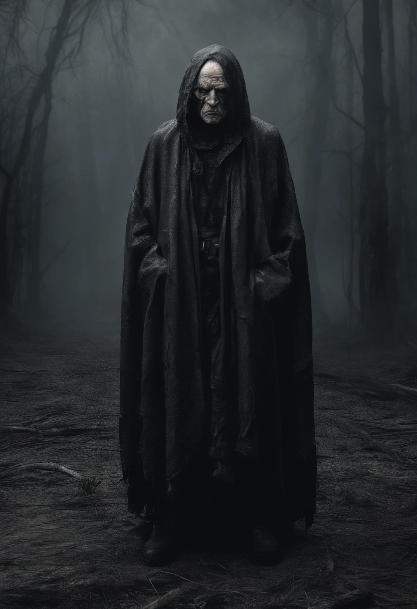 very old man, looks like a corpse, half of his face deformed, beggar, dirty, angry look, short gray hair, pale and wrinkled skin, yellowish pupils, hunched posture, waist up, penetrating and evil look, long black cloak, torn clothes, cloak of crow feathers on the back, left side of the body covered with bands and hood, fog, dark gas station, horror, fear, scary, suspense, mysterious