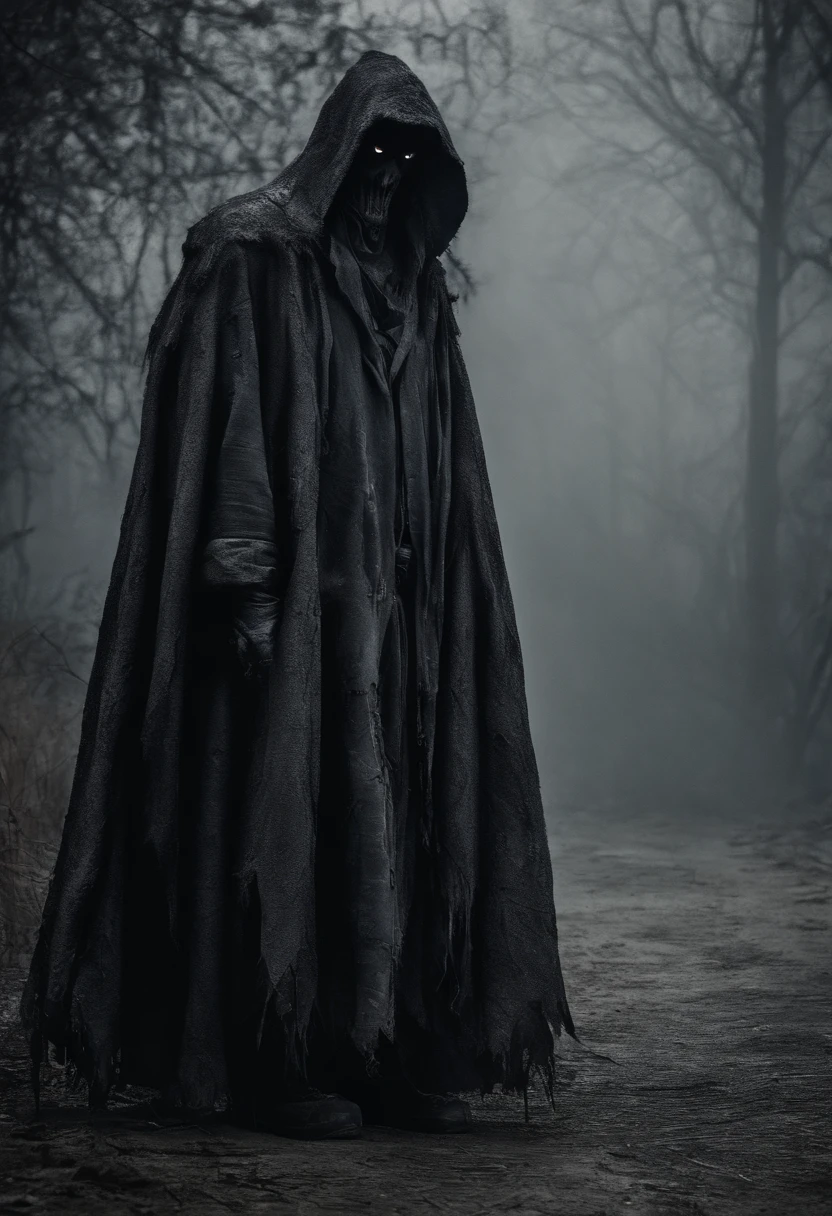 very old man, looks like a corpse, half of his face deformed, beggar, dirty, angry look, short gray hair, pale and wrinkled skin, yellowish pupils, hunched posture, waist up, penetrating and evil look, long black cloak, torn clothes, cloak of crow feathers on the back, left side of the body covered with bands and hood, fog, dark gas station, horror, fear, scary, suspense, mysterious