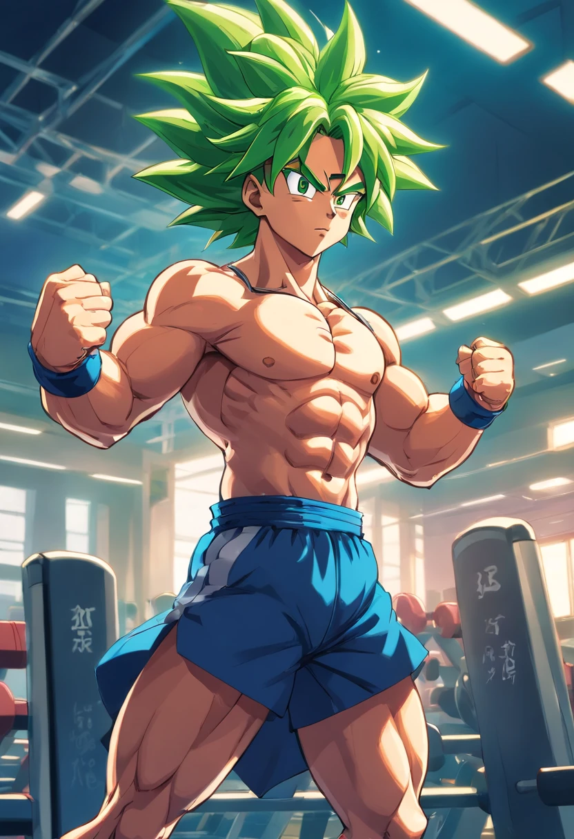 Detailed illustration of Broly wearing gym for high-intensity training in fitness clothes, Estili Cartoon , There is no artistic style unique to Eiichiro Oda, full bodyesbian, artwork of a"
