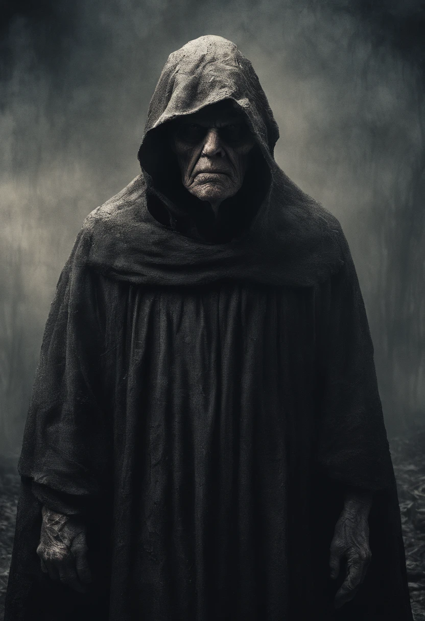 very old man, looks like a corpse, half of his face deformed, beggar, dirty, angry look, short gray hair, pale and wrinkled skin, yellowish pupils, hunched posture, waist up, penetrating and evil look, long black cloak, torn clothes, cloak of crow feathers on the back, left side of the body covered with bands and hood, fog, dark gas station, horror, fear, scary, suspense, mysterious