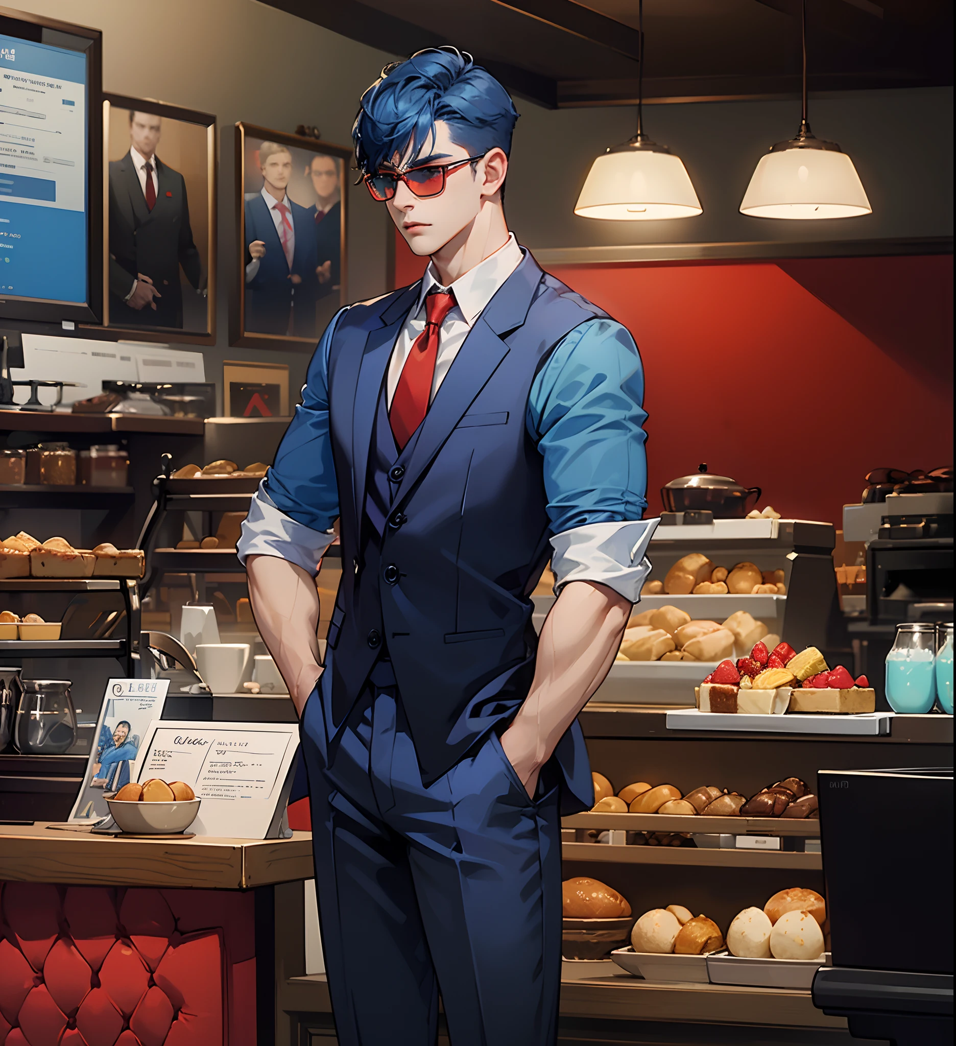 Handsome boy, fade haircut, blue hair, red cotton shirts, red vest, tie, loafer shoes, suit over shoulder pose, Cafe background, sunglasses, 8k ultra full HD