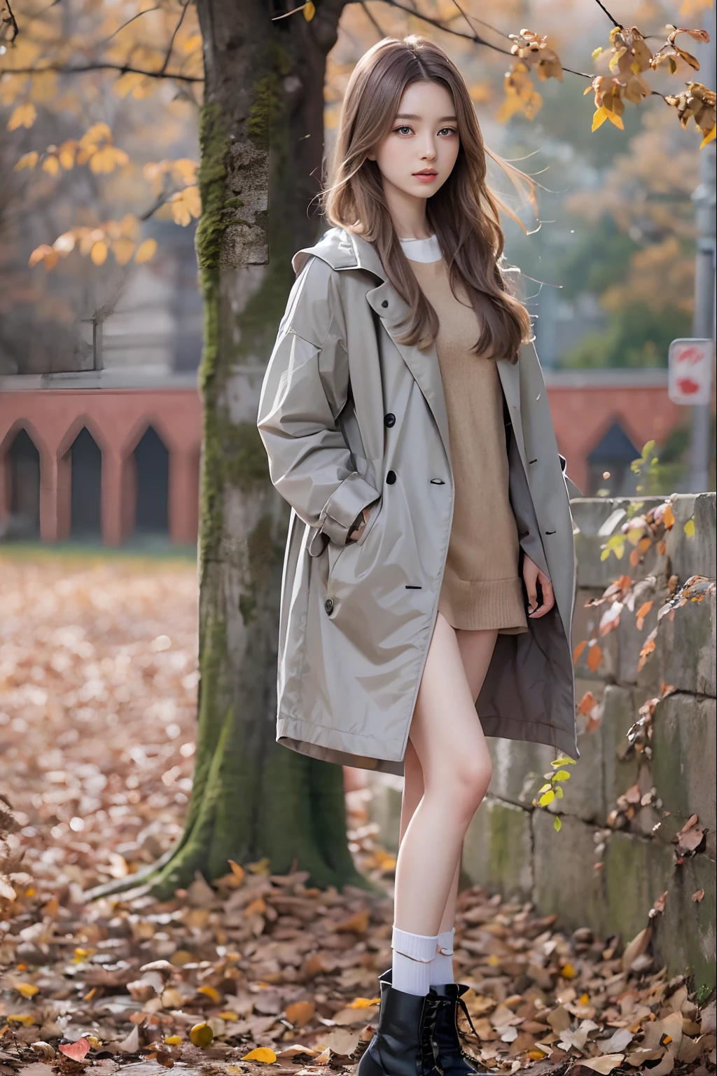 Top image quality、Raw photography、超A high resolution、An 18-year-old woman、Shooting for one person only、modelshoot、Autumn outfit、Fashionable clothes、student clothes、Beautiful Eyes of Details、very elongated eyes、Beautiful eyelashes、Beautiful double eyelids、very slender legs、Shorthair with light brown hair、very slender physique、Gray walls