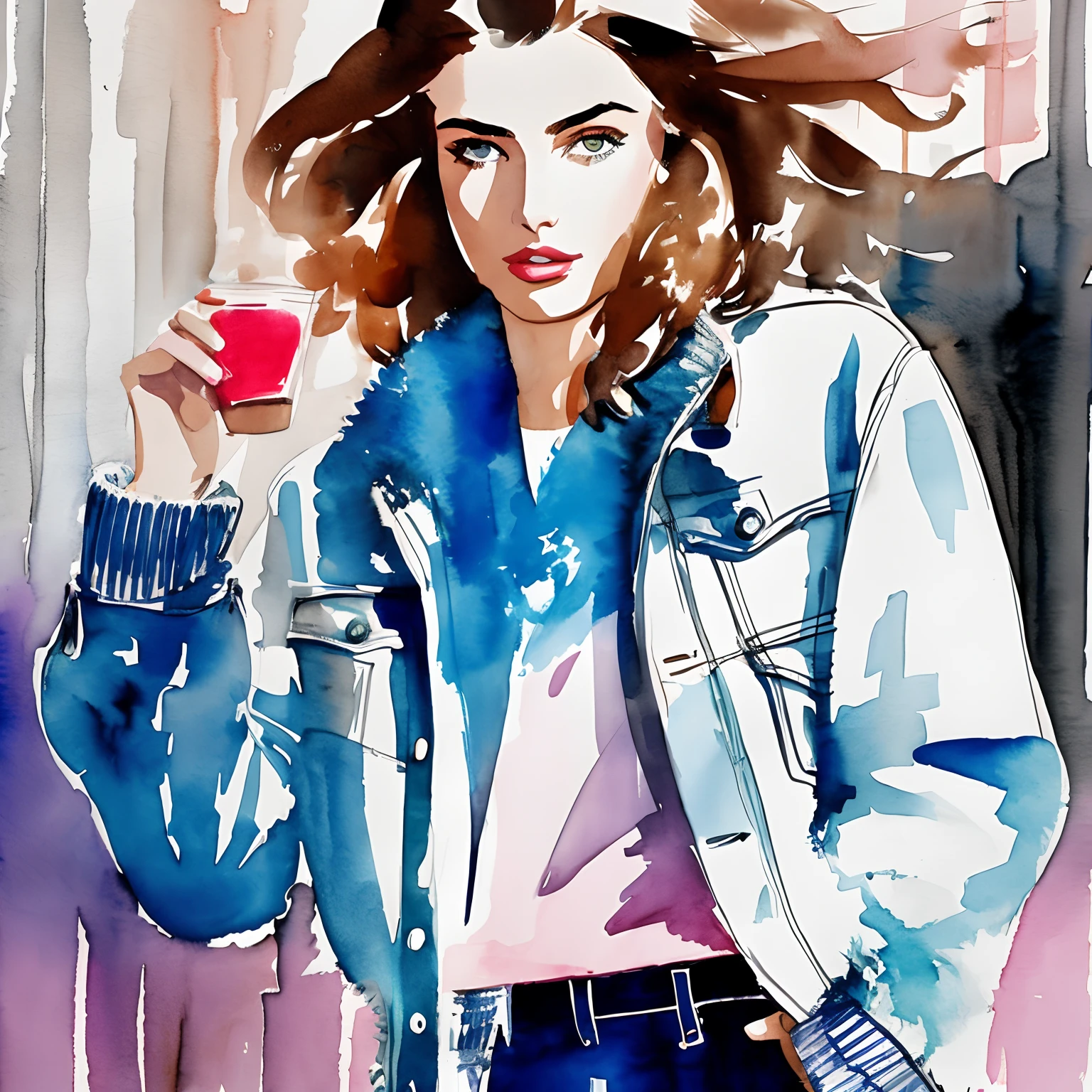 David Downton fashion illustration watercolor, light brown blonde thin bob hair 1woman, blue eyes, Andreea Diaconu, fluffy pink sweater, light blue trendy denim jacket, apple green tea, Paris street, lilac