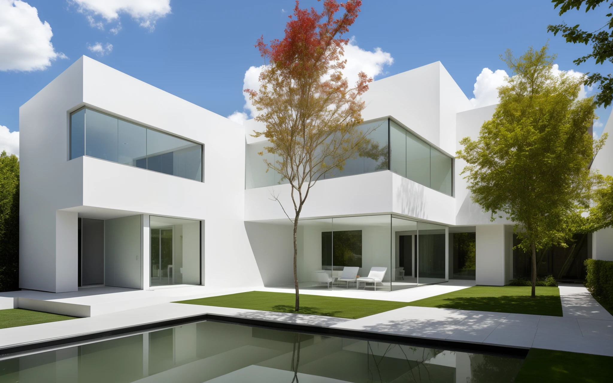 building,house,glass,white wall,outdoors,day,cloud,sunny,tree,grass,water,reflection,pavement,plant,lighting,stairs,multiple colors,real,(realistic),photo realistic,architecture photography,highly detailed,(masterpiece),(high quality),best quality,super detailed,full detail,4k,8k,table,chairs,pool,multiple people,