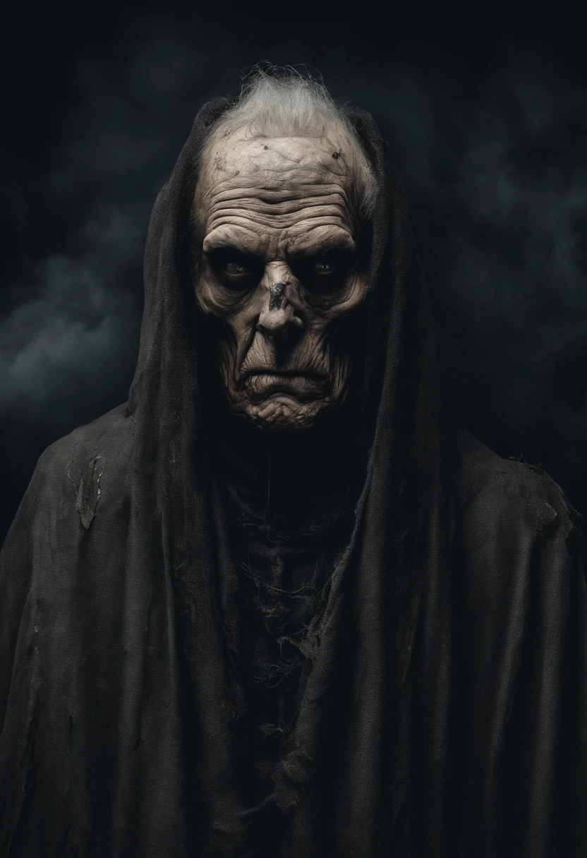 very old man, looks like a corpse, half of his face deformed, beggar, dirty, angry look, short gray hair, pale and wrinkled skin, yellowish pupils, hunched posture, waist up, penetrating and evil look, long black cloak, torn clothes, cloak of crow feathers on the back, left side of the body covered with bands and hood, fog, dark gas station, horror, fear, scary, suspense, mysterious