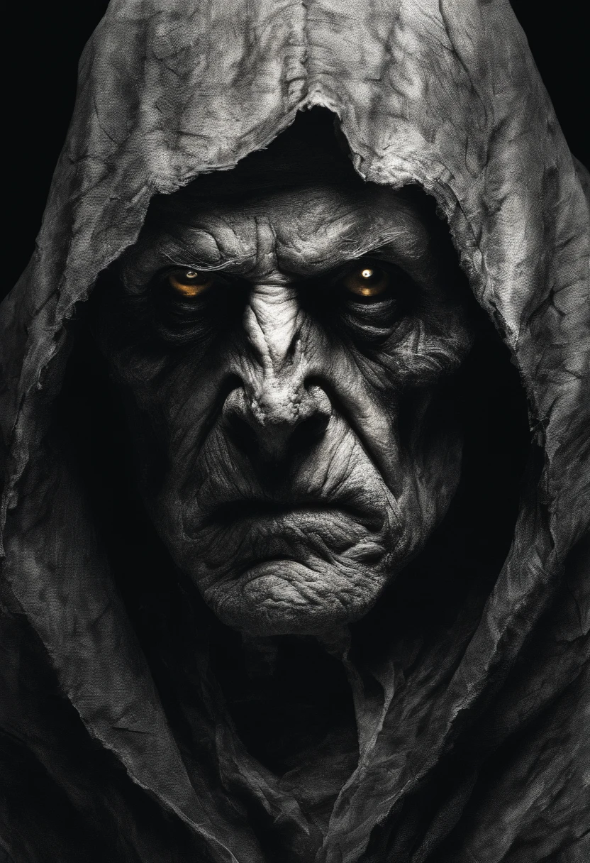 very old man, looks like a corpse, half of his face deformed, beggar, dirty, angry look, short gray hair, pale and wrinkled skin, yellowish pupils, hunched posture, waist up, penetrating and evil look, long black cloak, torn clothes, cloak of crow feathers on the back, left side of the body covered with bands and hood, fog, dark gas station, horror, fear, scary, suspense, mysterious
