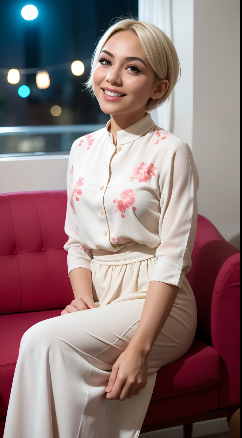 Malay girl, very short white hair, pixie cut hair, wear white baju kurung with small floral pattern, eating popcorn in living room, seat in a fabric couch, front above view, she look at the viewer, windy, detail skin, age spot, detail skin texture, mole below eyes, small breast, flat chest, wide hips, small waists, thick thighs, slim abs, beautiful body, nighttime, laughing, happy, bright lighting, blur background, bokeh,