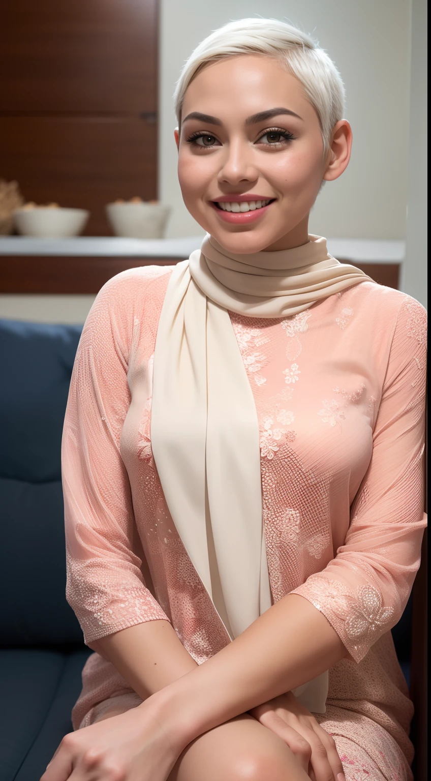 Malay girl, very short white hair, pixie cut hair, wear white baju kurung with small floral pattern, eating popcorn in living room, seat in a fabric couch, front above view, she look at the viewer, windy, detail skin, age spot, detail skin texture, mole below eyes, small breast, flat chest, wide hips, small waists, thick thighs, slim abs, beautiful body, nighttime, laughing, happy, bright lighting, blur background, bokeh,