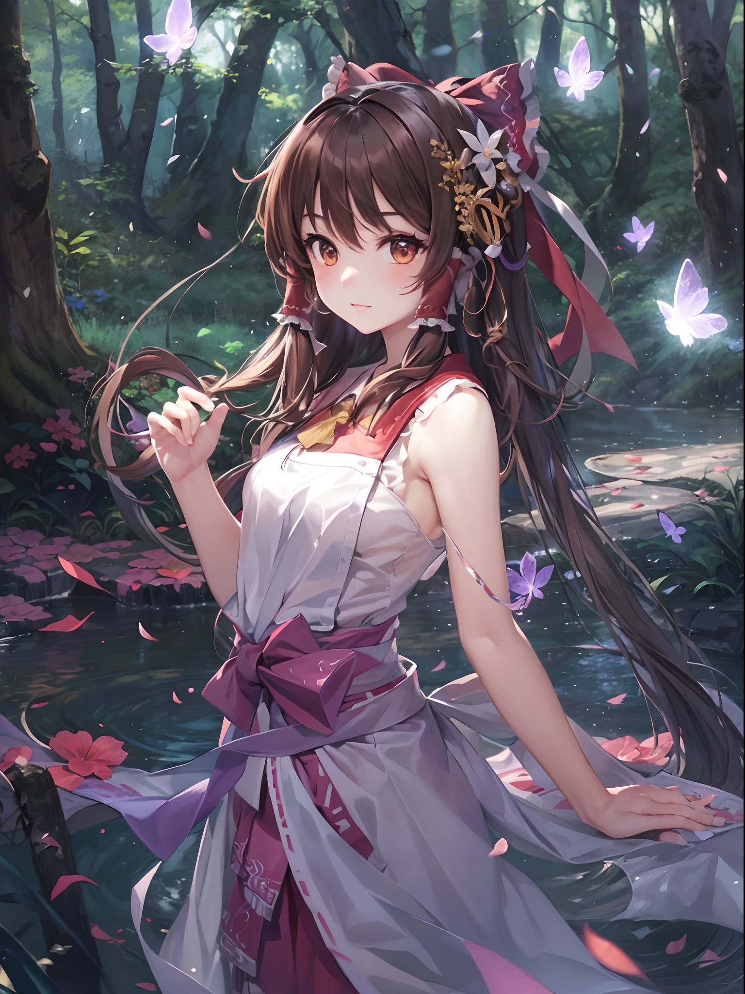 detailed background, masterpiece, best quality, 1girl, hakurei reimu, brown hair, hair tubes, hair ribbon, brown eyes, nontraditional miko, a forest full of purple and white trees, fireflies, water, mystical, magical,expressive hair, hair flower