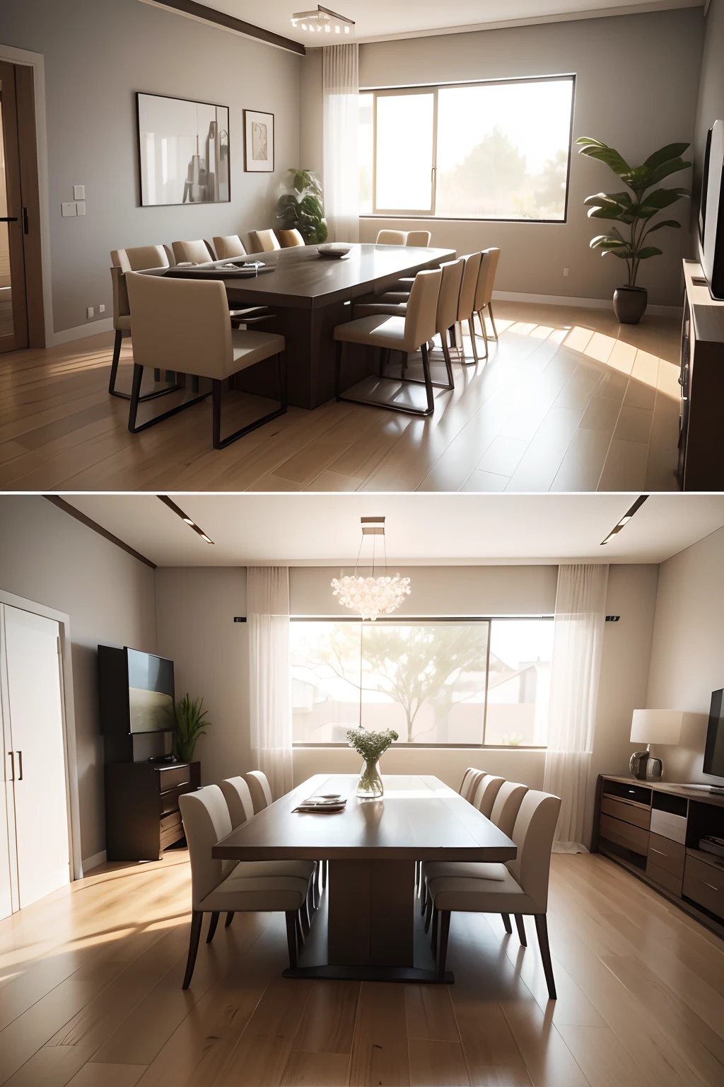 "Generate a 3D rendering of a 26m² room divided into two distinct areas, a living room and a dining area. Each area should have a window on one of its walls, both set at a 45-degree angle to create a contemporary and open feel. Pay attention to modern interior design principles, incorporating sleek furniture, neutral color palettes, and a harmonious blend of textures and materials. The living room should feature a comfortable seating arrangement, while the dining area should showcase an elegant dining table with chairs. Create a sense of cohesion and balance in the overall design, making sure the space feels inviting and functional."