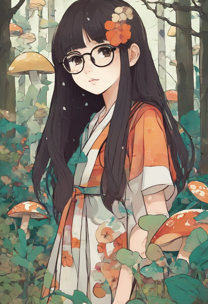 A little thin Baskir girl with long dark hair and Large, almond-shaped, wide-set eyes with big glasses walking in a forest surrounded by mushrooms, sticker style