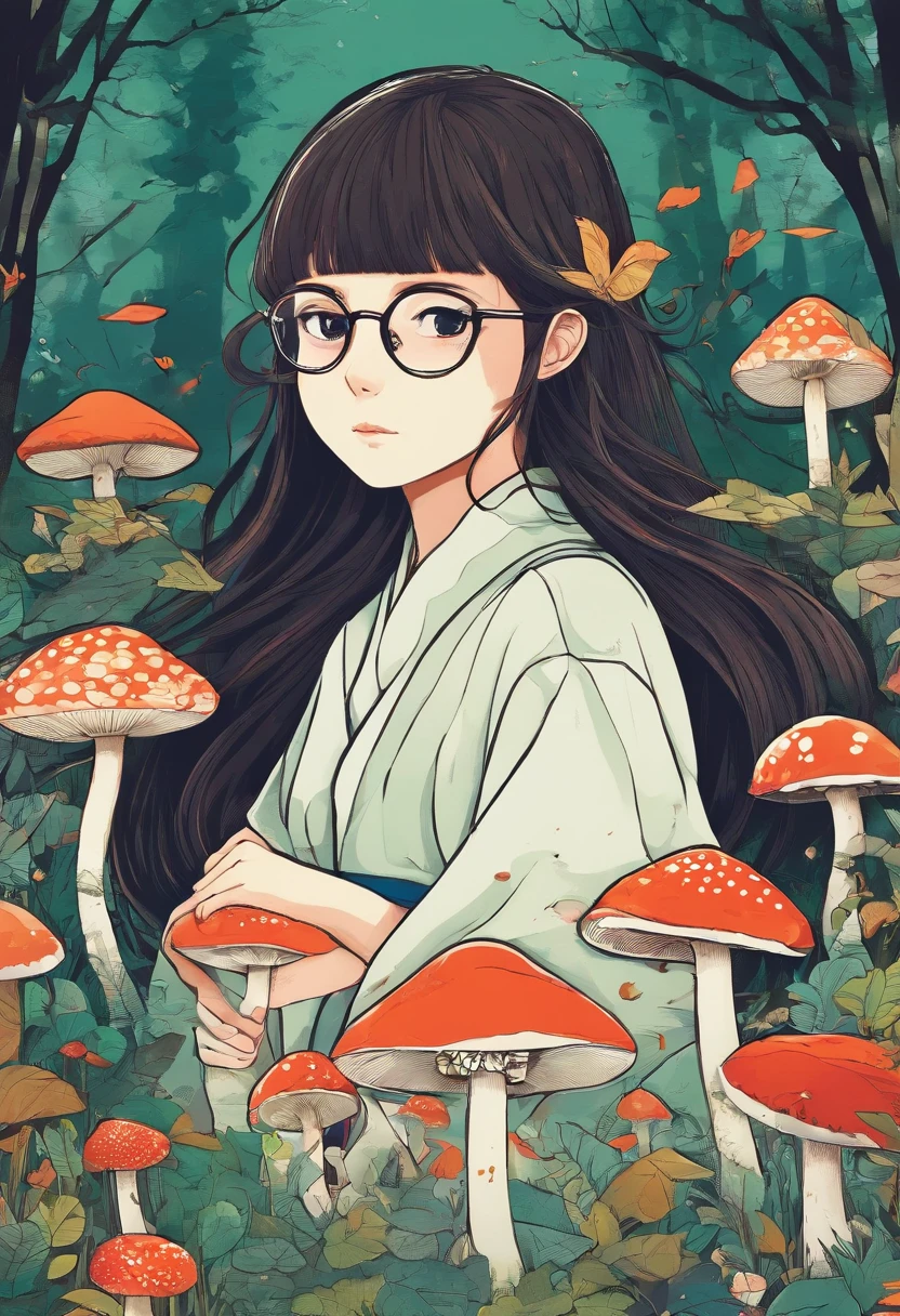 A little thin Baskir 12 year old girl with long dark hair and Large, almond-shaped, wide-set eyes with big glasses walking in a forest surrounded by mushrooms, sticker style