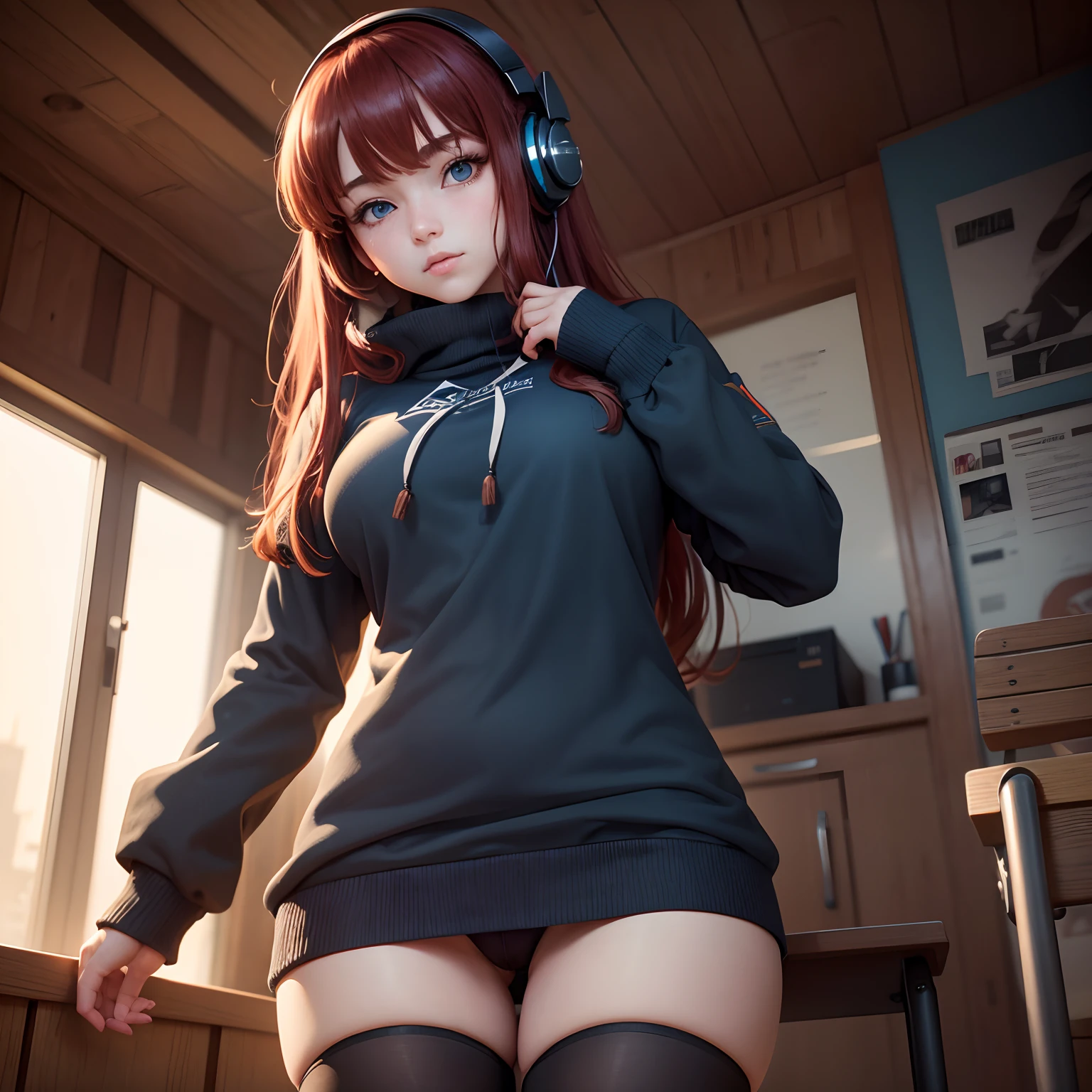 8k, masterpiece, best quality, realistic, higly detailed, cowboy shot, 1girl, solo, miku, emotionless looking girl, medium-length red hair, strands of hair hanging over the right side of her face, a set of wireless headphones that have a triangle-shaped logo on the ear cups around her neck, dark blue eyes, average height, well-endowed figure, large breasts, long-sleeved sweater that covers her school uniform, black tights, bangs cover her right eye, wears a ranzel