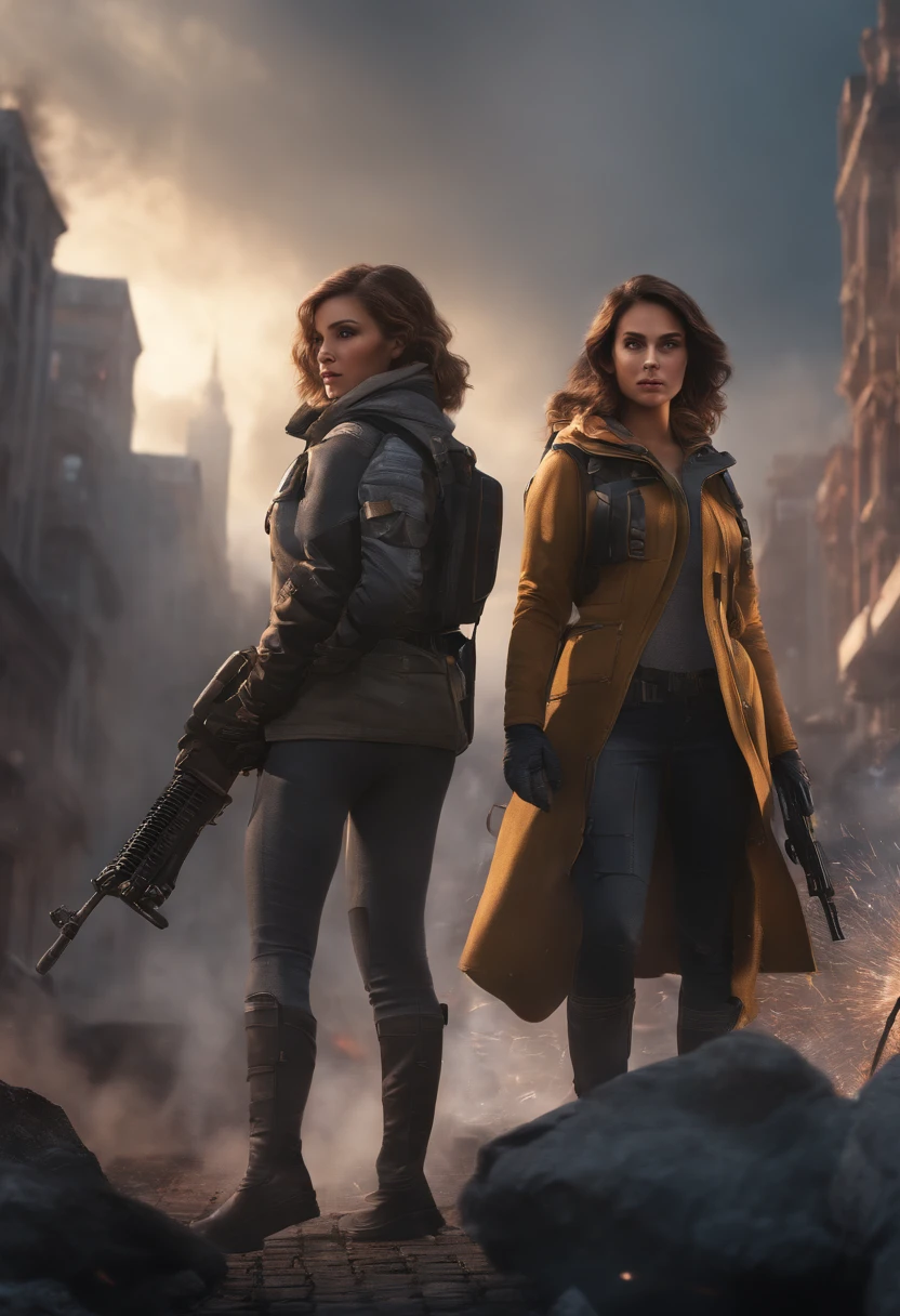 ((high quality)), ((masterpiece)), 8k, 2girls, bulletproof vest, light rays, extremely detailed CG unity 8k wallpaper, game cg, looking at viewer, gloves, boots, full body, watch, computer, mask, drone, holding weapon, headphones, jacket, (background destroyed city , explosion , smoke