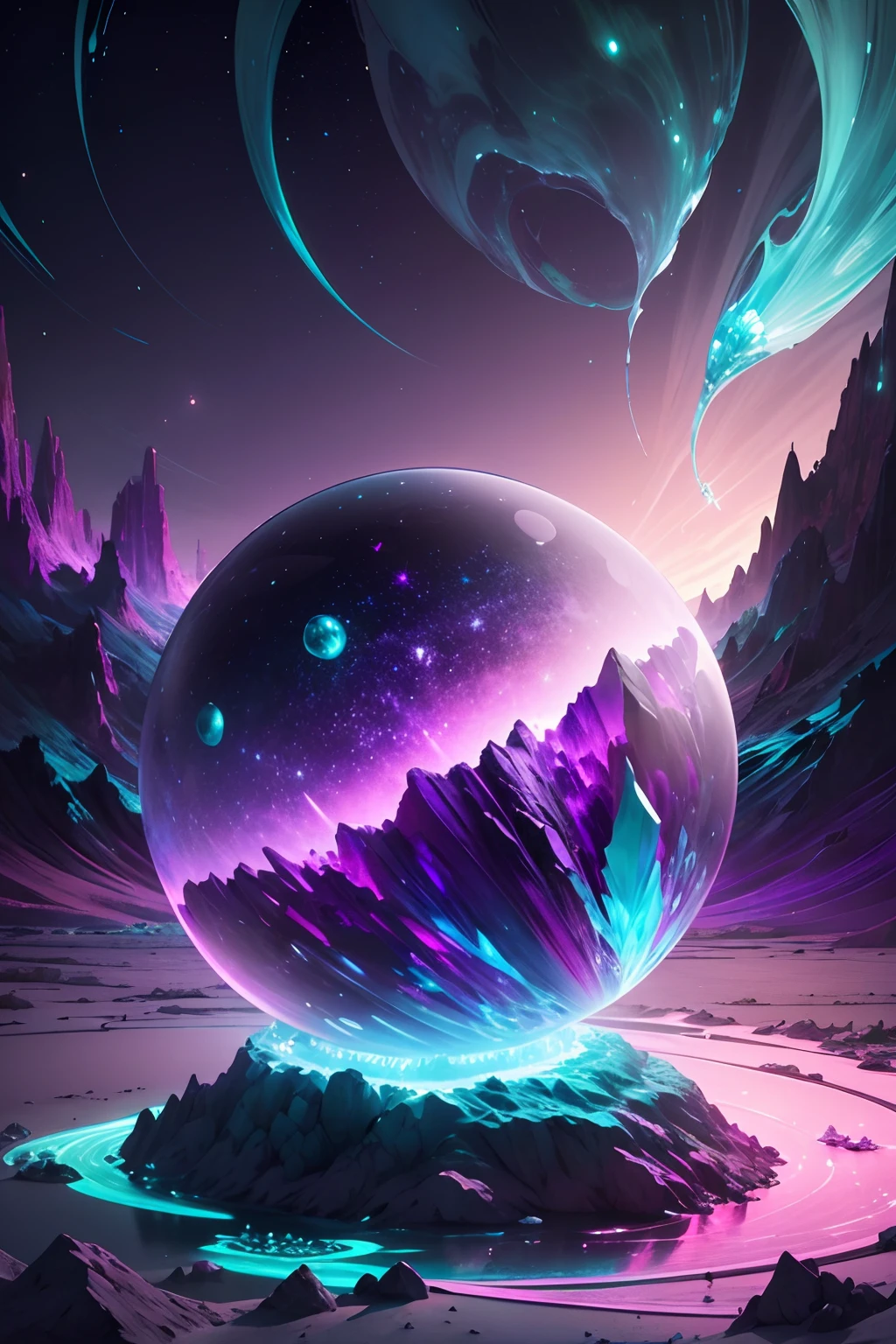 Create an image of a world surrounded by crystals glowing in three colors. Imagine a fantastical realm where the entire environment is encased in vibrant crystals, radiating in three distinct hues. Picture the crystals shimmering in shades of emerald green, sapphire blue, and amethyst purple, casting a surreal and dazzling glow across the landscape. Capture the interplay of colors as they blend and merge, creating an otherworldly atmosphere. Convey the sense of magic and enchantment in this tricolored crystal world, evoking a feeling of awe and wonder within this captivating and vividly colorful setting.