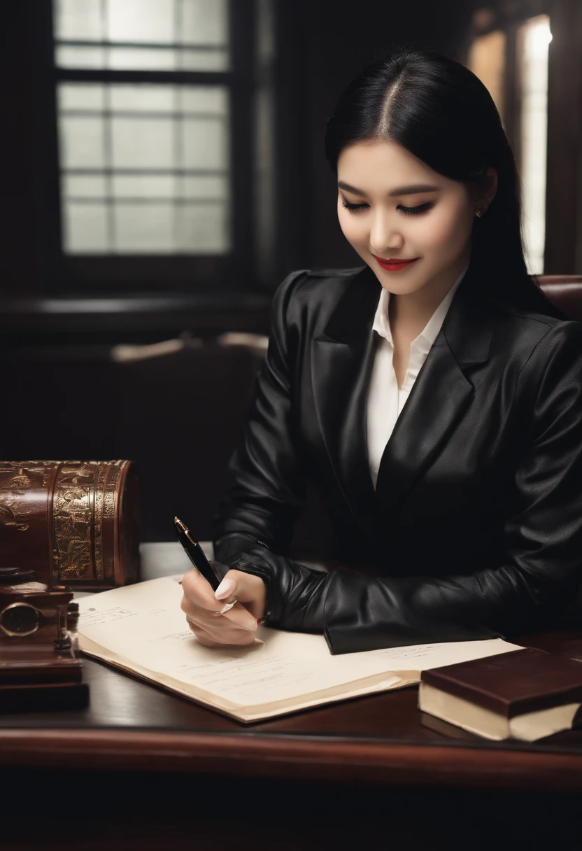 Wearing black leather gloves on both hands, Upper body, Black business suit, Facing a desk in a modern study in the dark, Looking down, Smiling, Use a fountain pen to write a letter, long, Straight black hair, Japan female new employee with young and cute face (Black leather gloves cover both hands)
