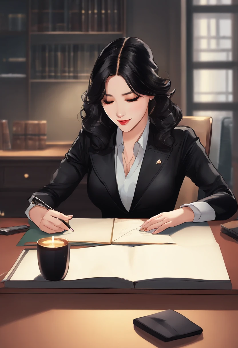 Wearing black leather gloves on both hands, Upper body, Black business suit, Facing a desk in a modern study in the dark, Looking down, Smiling, Use a fountain pen to write a letter, long, Straight black hair, Japan female new employee with young and cute face (Black leather gloves cover both hands)