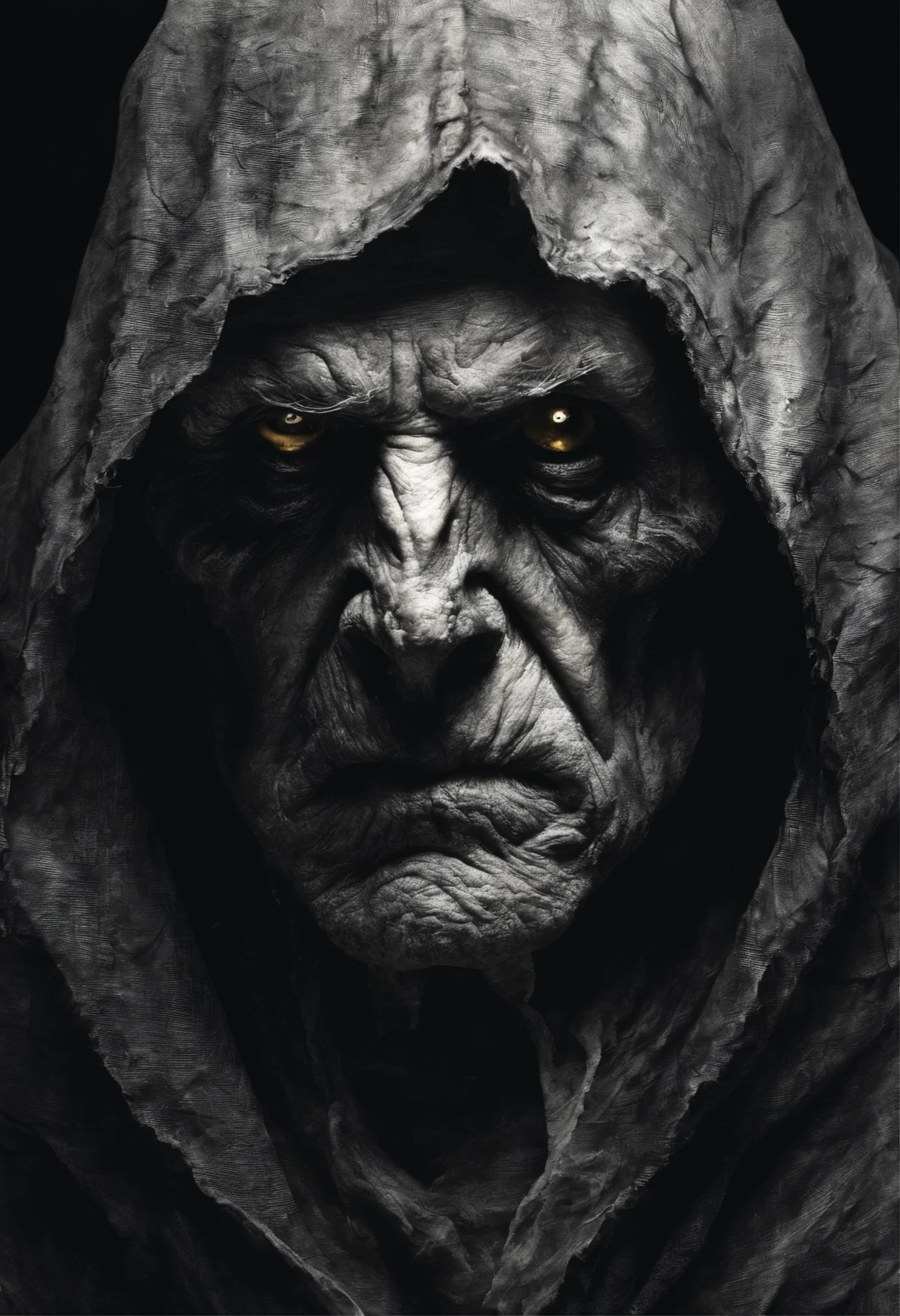 very old man, looks like a corpse, half of his face deformed, beggar, dirty, angry look, short gray hair, pale and wrinkled skin, yellowish pupils, hunched posture, waist up, penetrating and evil look, long black cloak, torn clothes, cloak of crow feathers on the back, left side of the body covered with bands and hood, fog, dark gas station, horror, fear, scary, suspense, mysterious