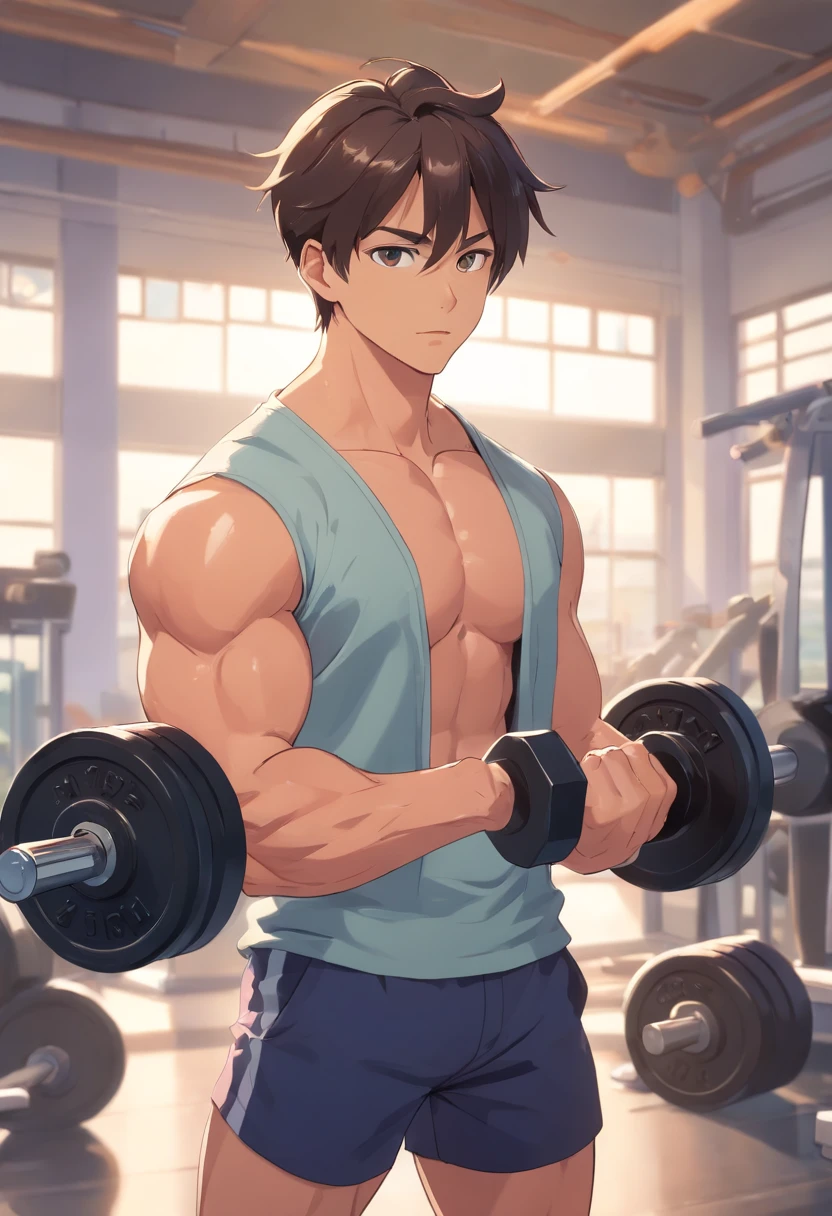A stout muscular man in short sleeves exercises biceps with dumbbells, huge pectorals, strong physique, handsome gym