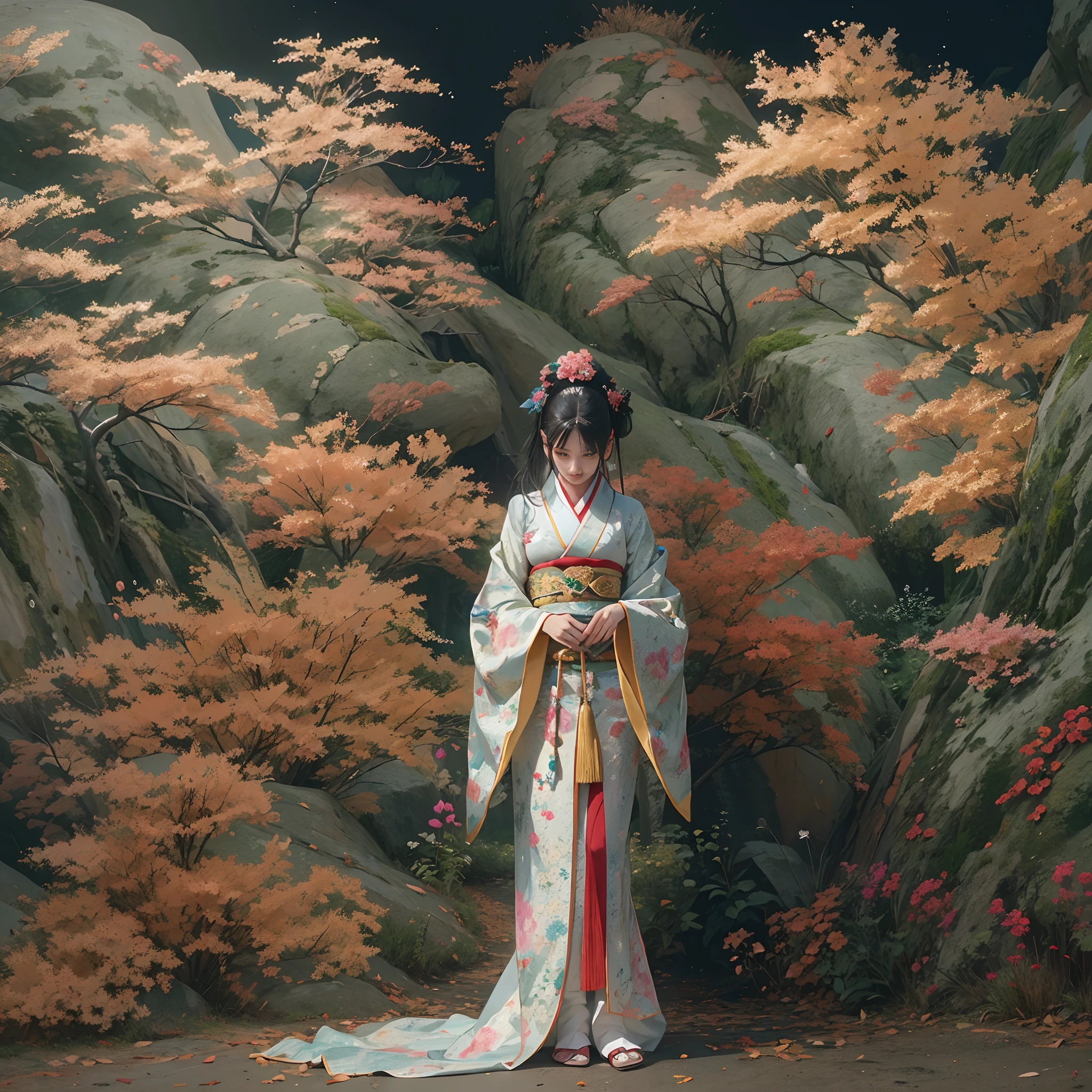 watching at viewers、Background with((ancient city:1.2)And the moon、(dense background:1.5))、BREAK {{{Luxury kimono(Colorful kimono(Detailed golden embroidery,))}}}、face perfect,Depict a beautiful and graceful woman of Japan,poneyTail、Woman with shiny black hair、perfect hand,Heart in the eye。odd eye,full body Esbian,Blur the background with a sickle,((masutepiece)), ((Best Quality))Wallpapers 16K, .Blur the background with a sickle,BREAK,((masutepiece)), ((Best Quality)),epicd(Lige Fries Photography、sony a7、50 millimeters、pores:1.5、Farbe、ultra-detailliert:1.5、film grains:1.4、hyper realisitic:1.5)、octan render、 ultra realistic lifelike textures、​masterpiece、unrealengine5、the Extremely Detailed CG Unity 8K Wallpapers、Madly detailed photo、Ultra-realistic light、(Pulitzer Prize for Best Photography、Taylor Wessing Award for Best Photography)