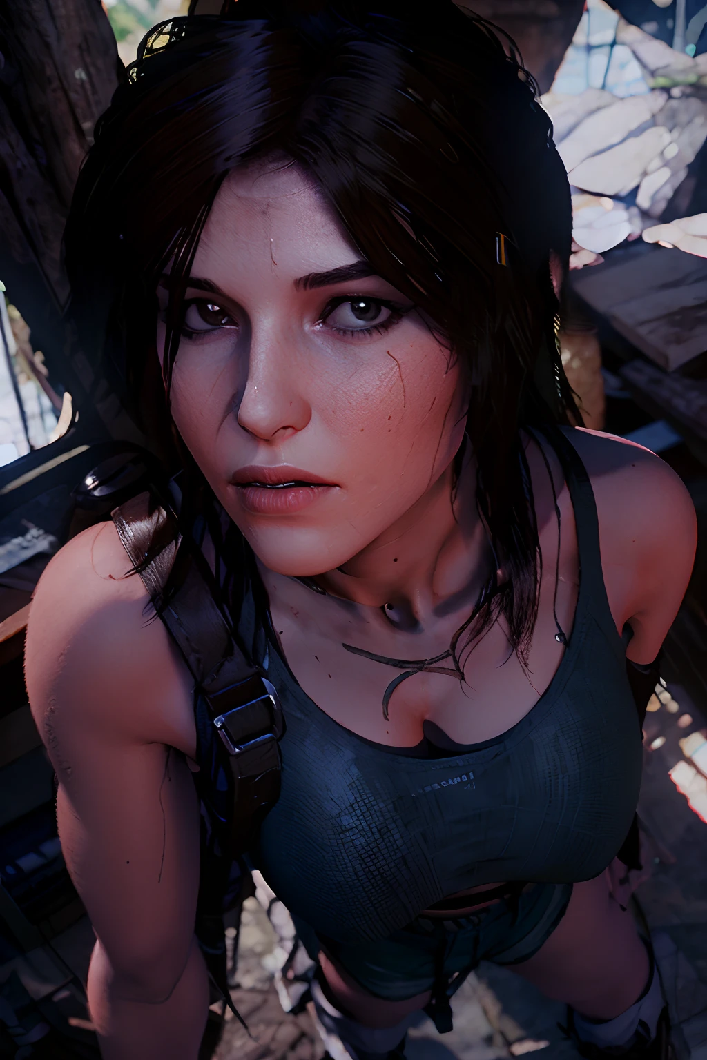 Beautiful young woman,Laura Croft,long brown hair in a ponytail,beautiful detailed eyes,beautiful detailed lips,extremely detailed eyes and face,longeyelashes,big bouncing breasts,blue t-shirt and green jean shorts,white sox,black gloves,hiking boots,thigh gun holsters,(best quality,4k,8k,highres,masterpiece:1.2),ultra-detailed,(realistic,photorealistic,photo-realistic:1.37),HDR,UHD,studio lighting,ultra-fine painting,sharp focus,physically-based rendering,extreme detail description,professional,vivid Tomb Raider, Syfy, artists,beautiful young woman (Laura Croft),long brown hair in a ponytail (beautiful and detailed),big bouncing breasts,blue t-shirt and green jean shorts,white sox,black gloves,hiking boots,thigh gun holsters,sharp focus,ultra-detailed,portraits,physically-based rendering,vivid colors. Full body