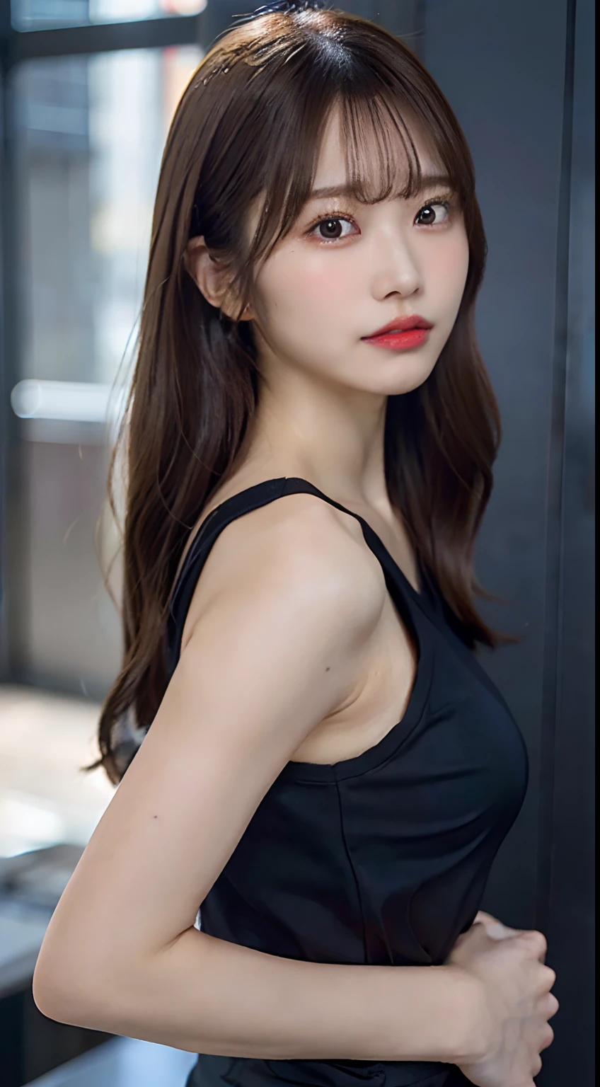 s the perfect face,完美lewd eyes,lewd eyes,outside,professional photoshooting,Tyndall rays,tall nose bridge,distinct clavicle,,looking at viewert, Look from the front,wavy brown hair,Black translucent crop top,The background is blurred out