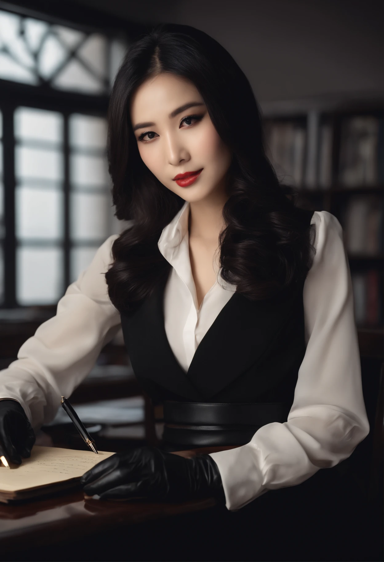 Wearing black leather gloves on both hands, Upper body, Black business suit, Facing a desk in a modern study in the dark, Looking down, Smiling, Use a fountain pen to write a letter, long, Straight black hair, Japan female new employee with young and cute face (Black leather gloves cover both hands)