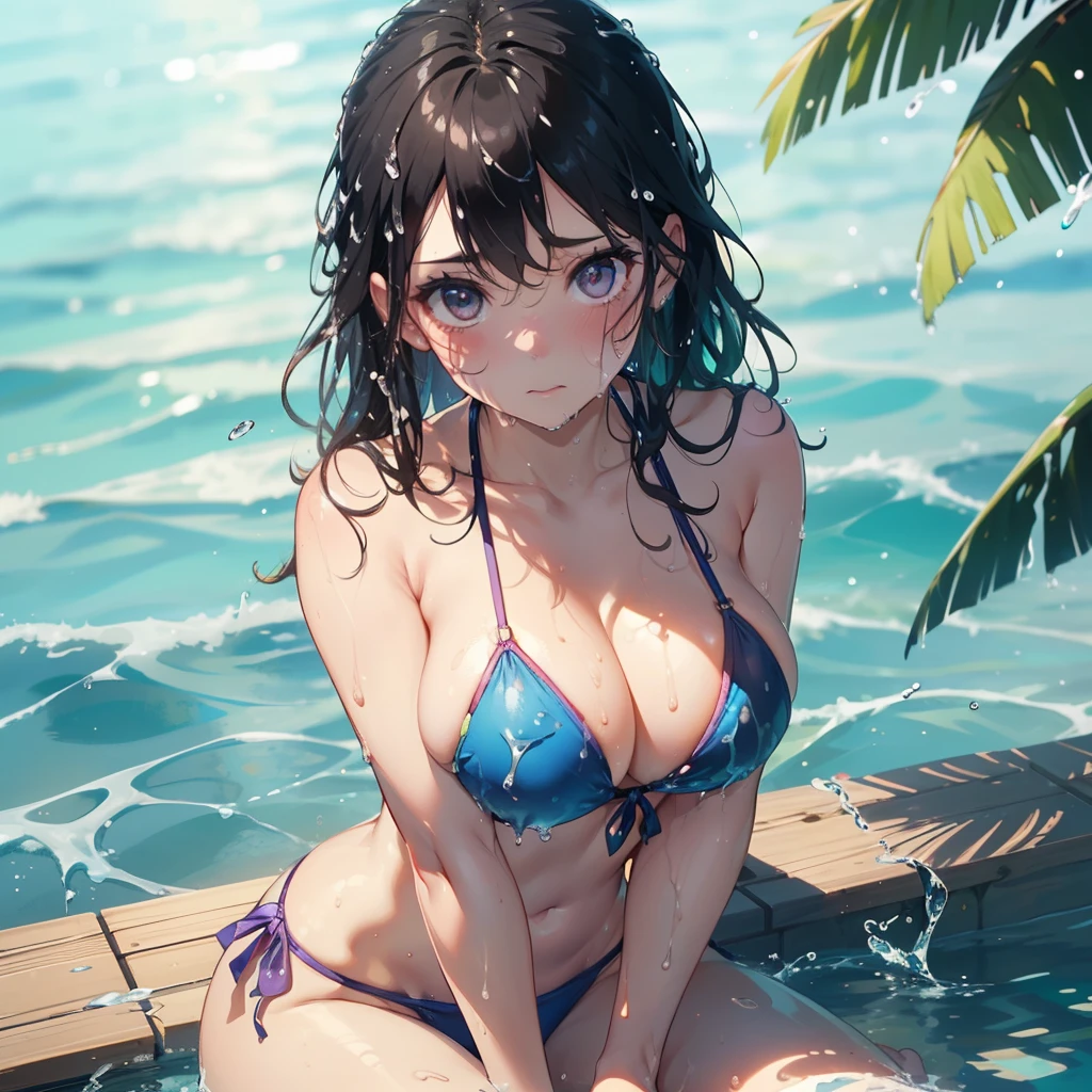 NSFW:1.2,1 beauty, Slightly tanned girl,Very light purple eyeshadow,Traces of swimwear, Watery Big Eyes,Beautiful constriction,(Flustered expression),embarrassed from, long eyelasher,Blushlush, in poolside, Wet whole body, ((Bikini swimwear)),(dishevled hair:1.2),bustshot,((Hide your eyes with your hands)),Dynamic Angle Zoom, Breast Focus, hand between legs:1.2, Perfect fingers, (Water splash on the face:1.4)