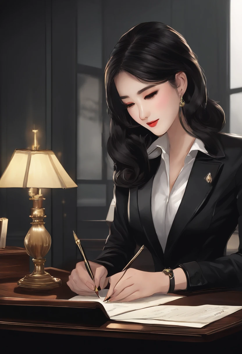 Wearing black leather gloves on both hands, Upper body, Black business suit, Facing a desk in a modern study in the dark, Looking down, Smiling, Use a fountain pen to write a letter, long, Straight black hair, Japan female new employee with young and cute face (Black leather gloves cover both hands)